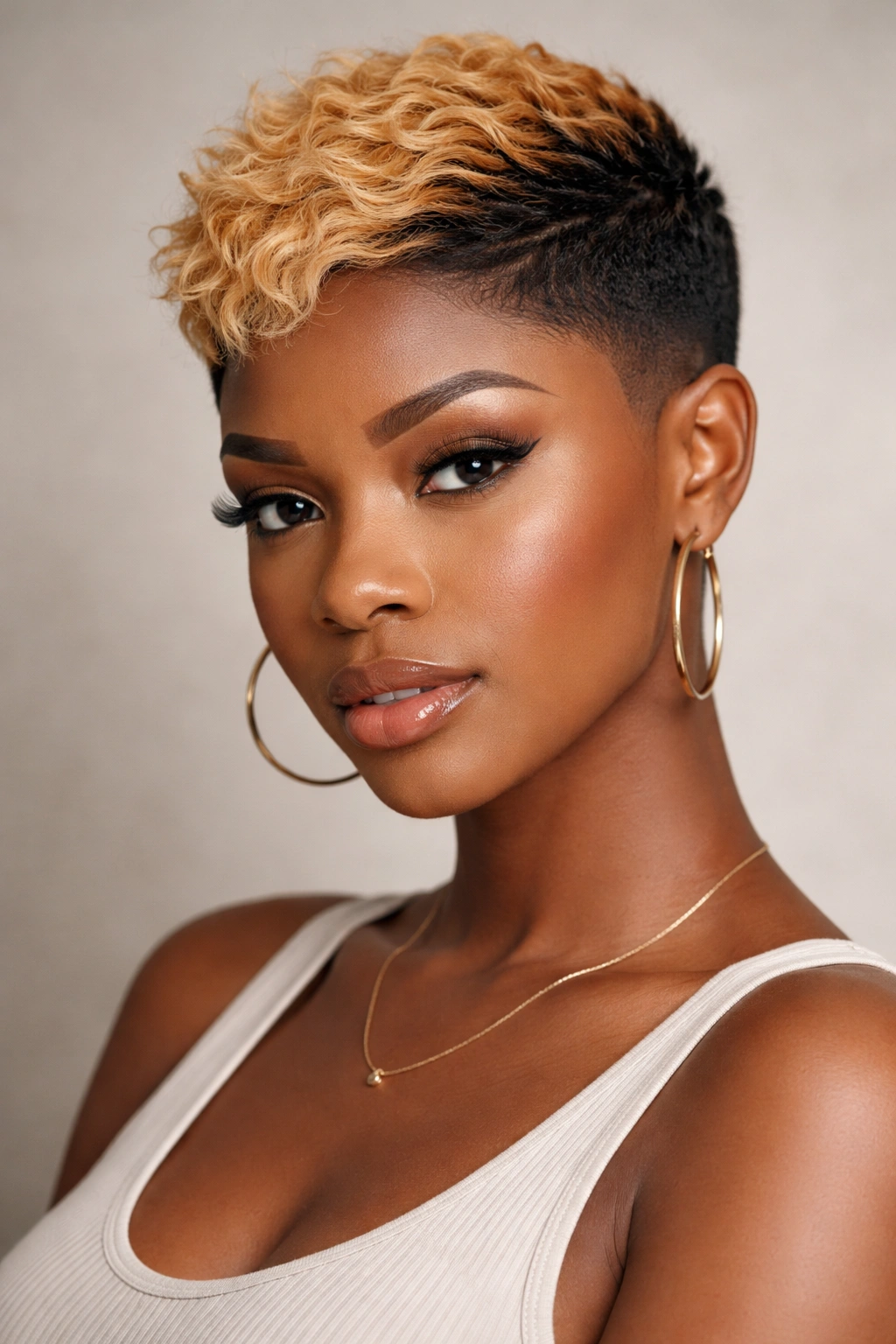 Close-up portrait of a Black woman with a two-tone short cut featuring a bright top color and natural base in studio lighting