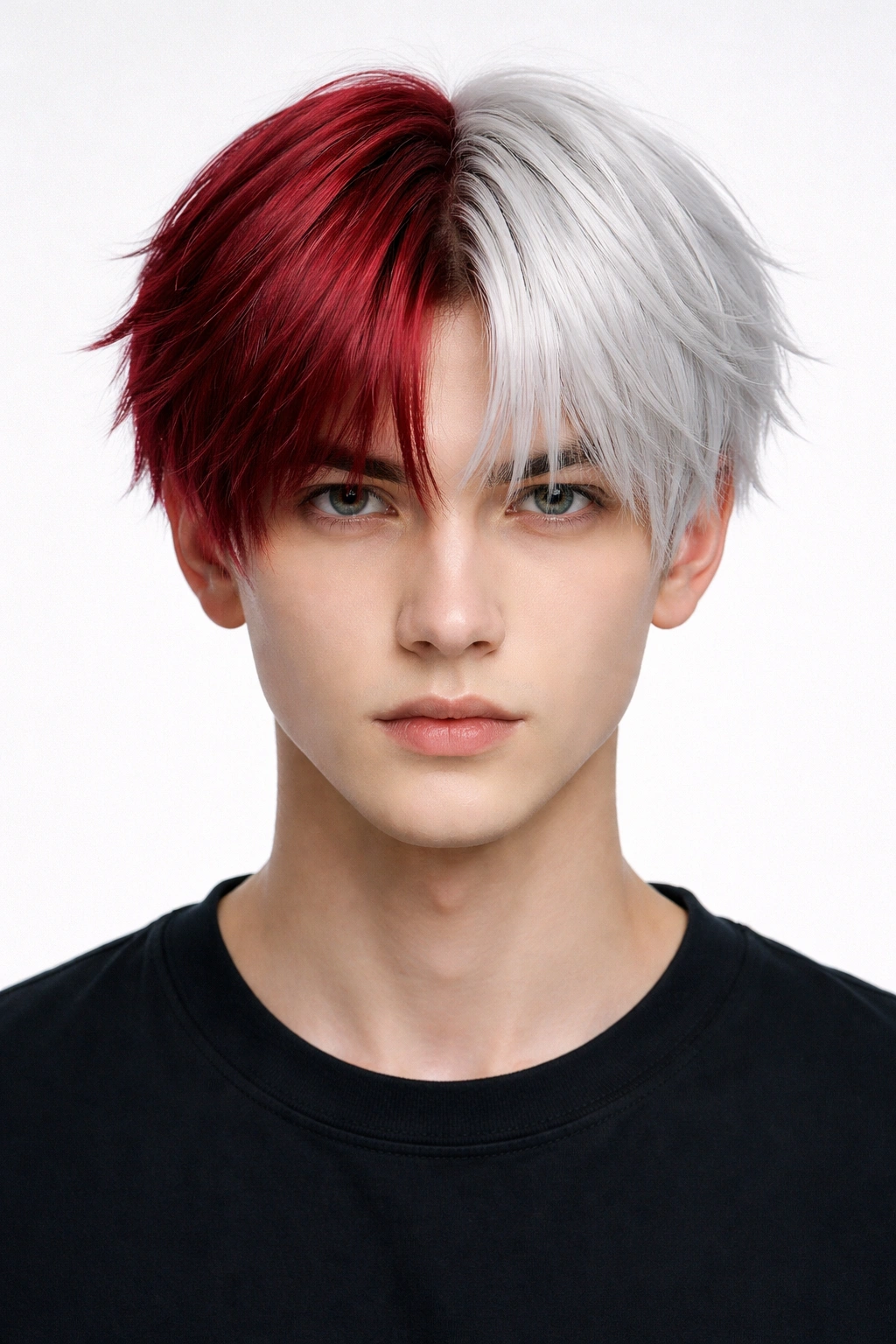 Portrait of a person with a bold red and white two-tone split hairstyle