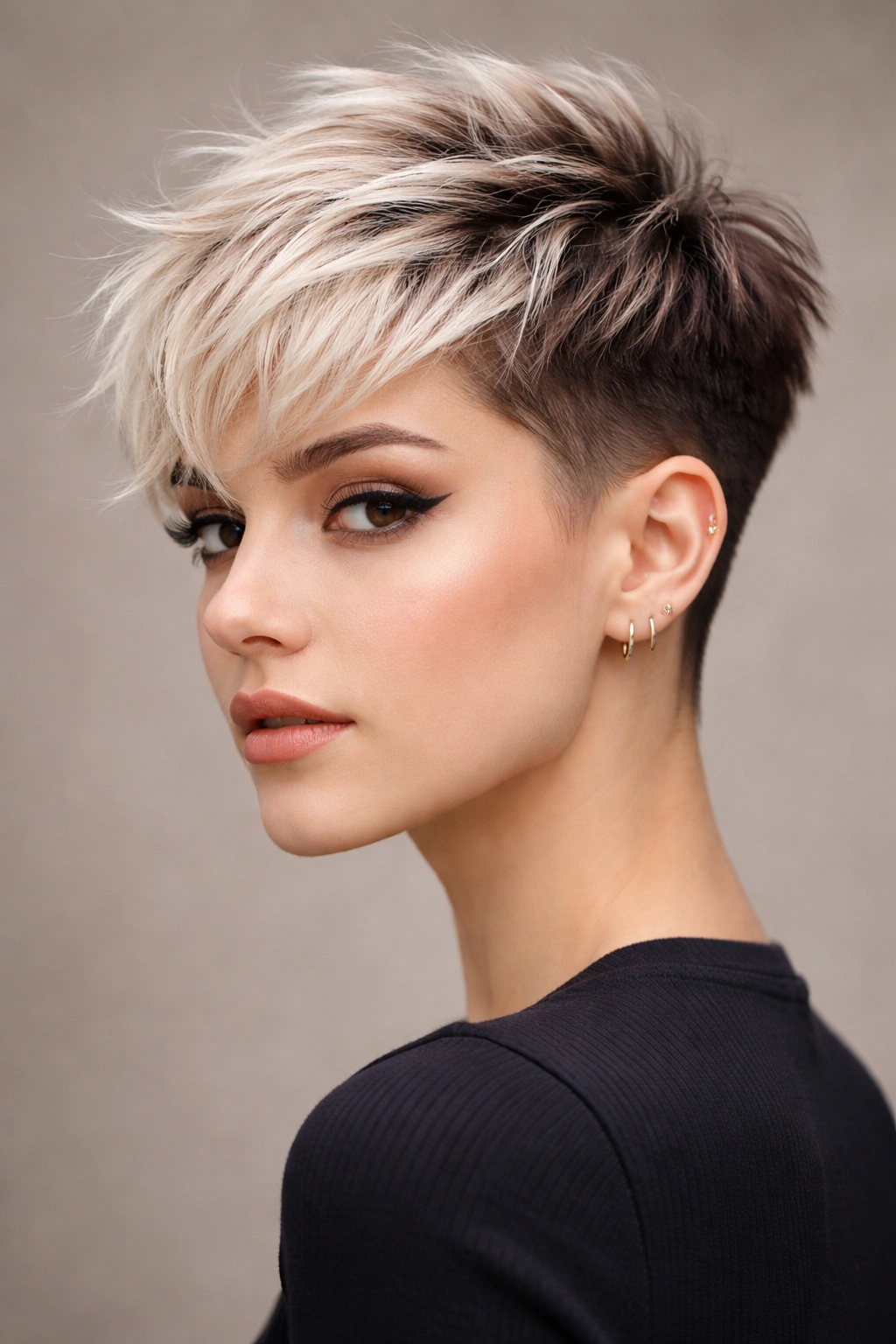 Close-up of two-tone textured pixie with choppy layers and color contrast on top
