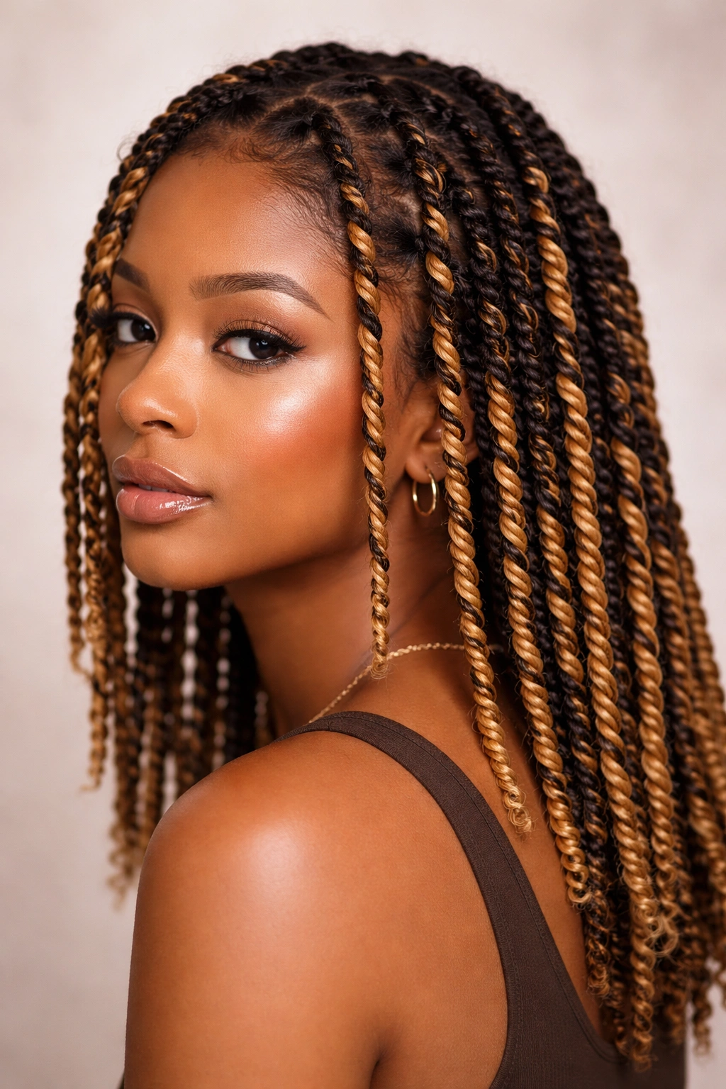 Close-up of two-tone twists with base color and contrasting extension color