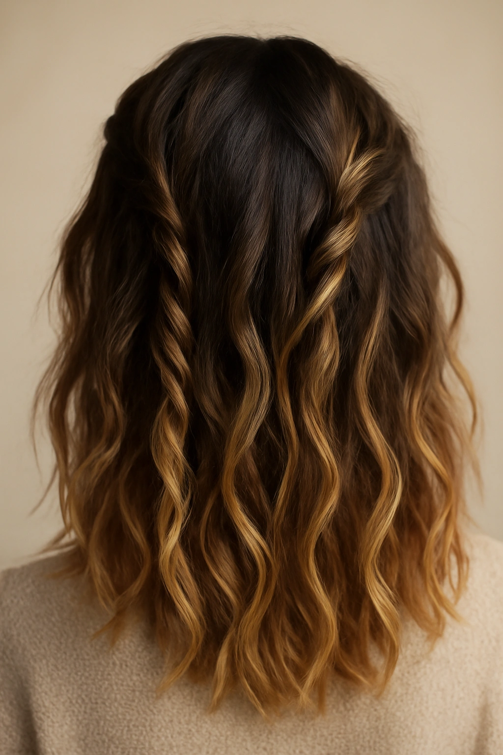 15 Natural Wavy Hairstyles You Can Air Dry Easily 13 Close-up of shoulder-length hair with braided, twisted, and loose waves in two-tone color