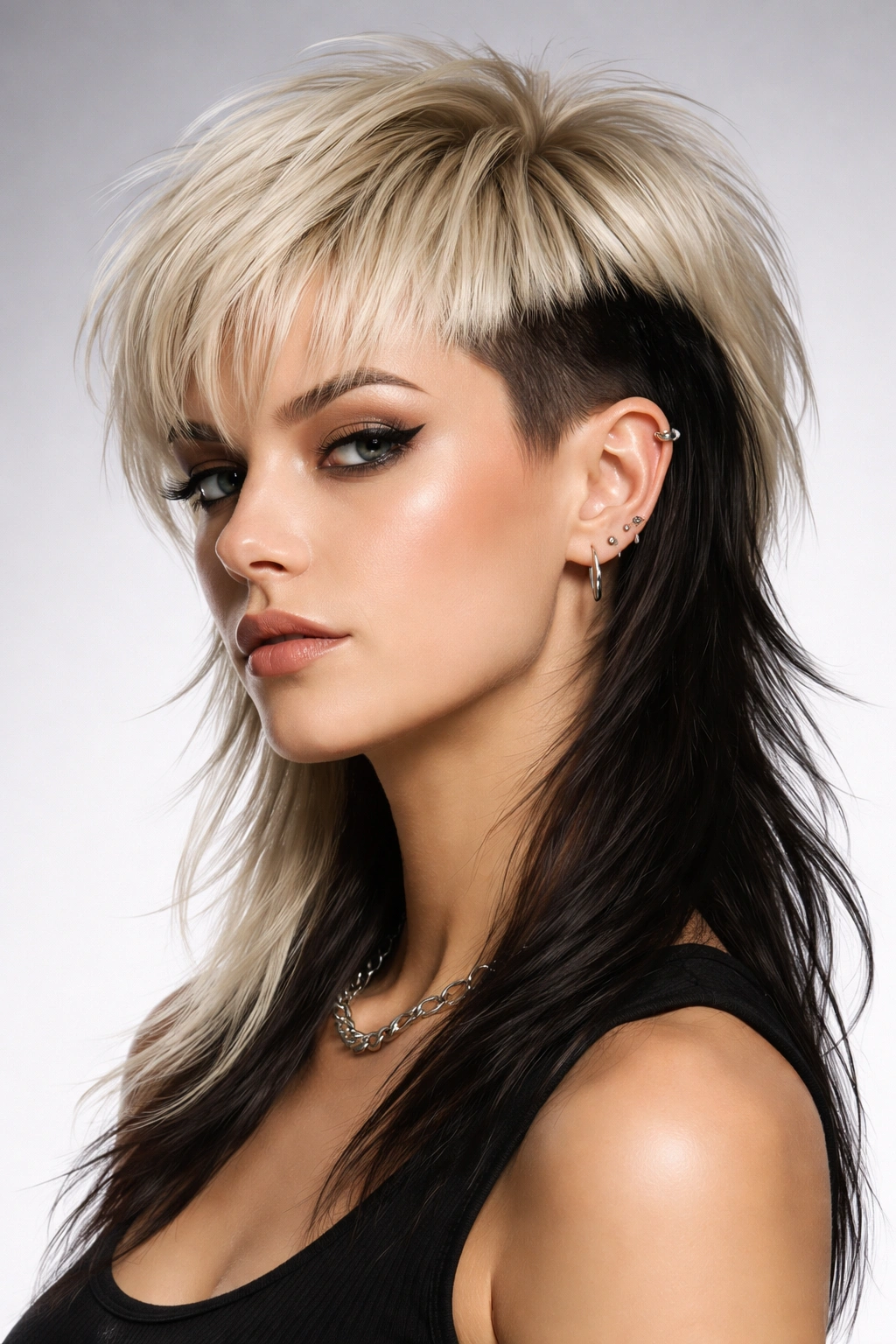 Portrait of two-toned mullet undercut showing distinct color separation between undercut and top