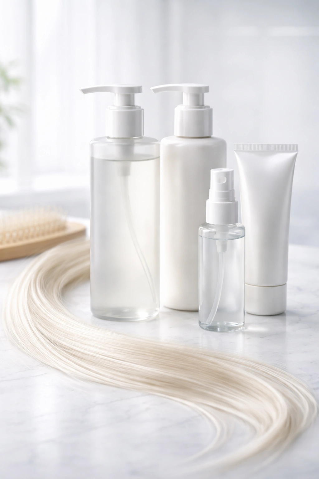 Minimalist display of lightweight hair care bottles for fine hair