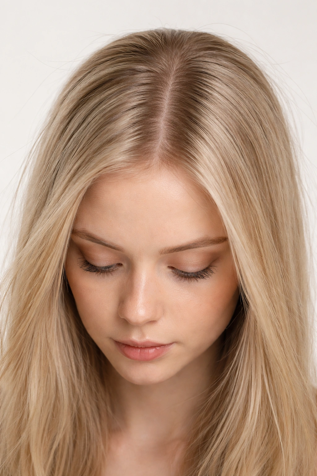 Close-up showing flat roots and greasy shine on Type 1A hair