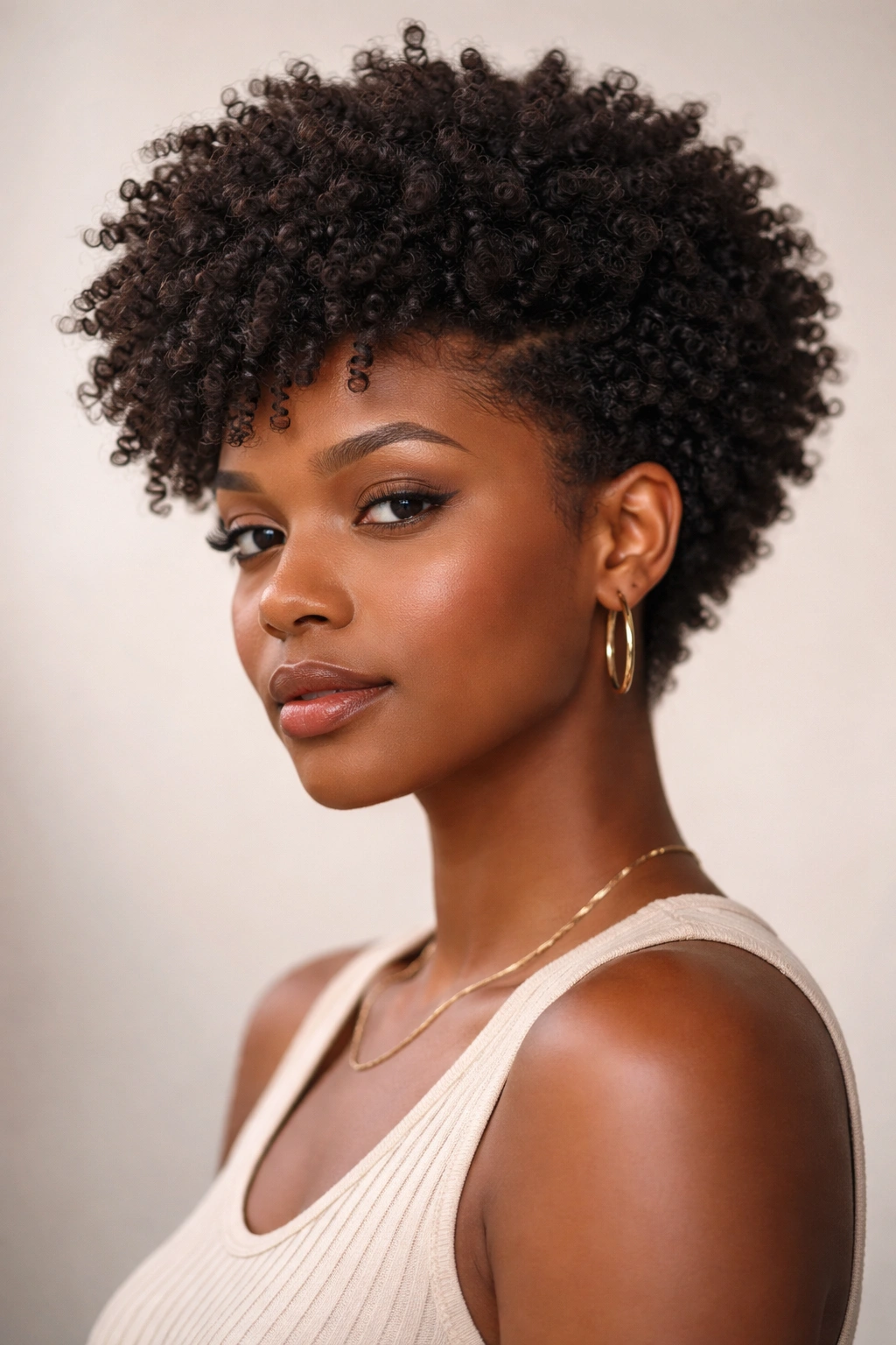 12 Textured Haircuts Organized By Curl Pattern 9 Portrait of Type 4 coily hair cut in a geometric, textured silhouette