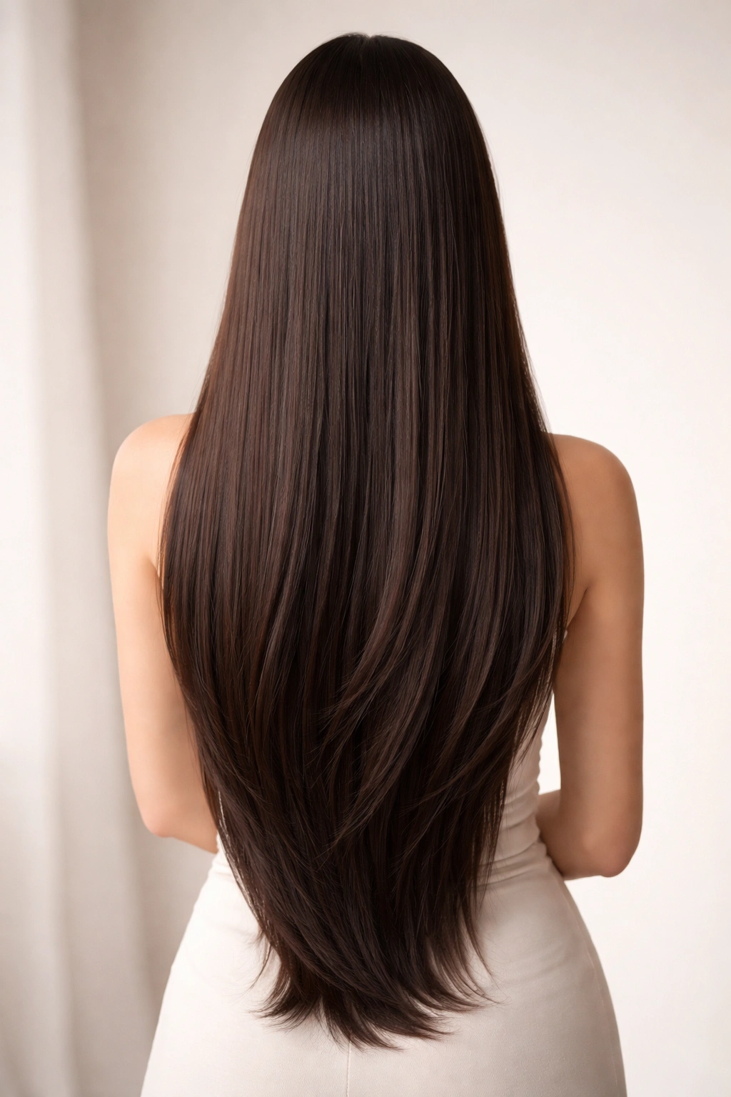 Close-up of ultra-long straight hair with barely visible layers cascading down the back