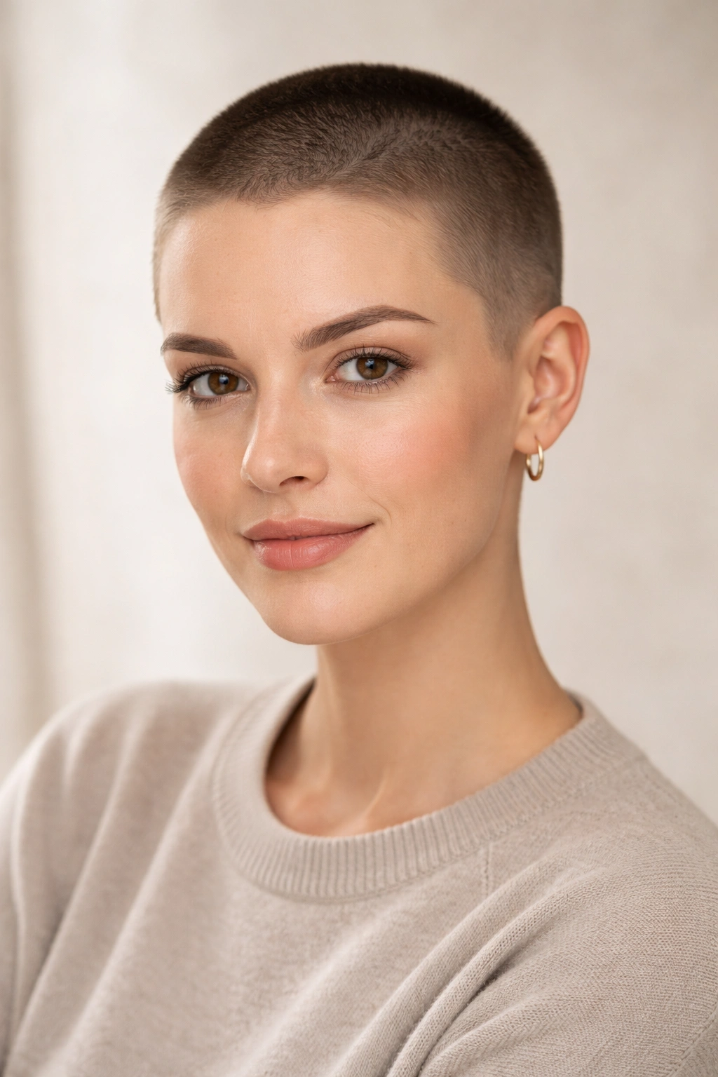 Close-up portrait of a person with an ultra-short buzz cut