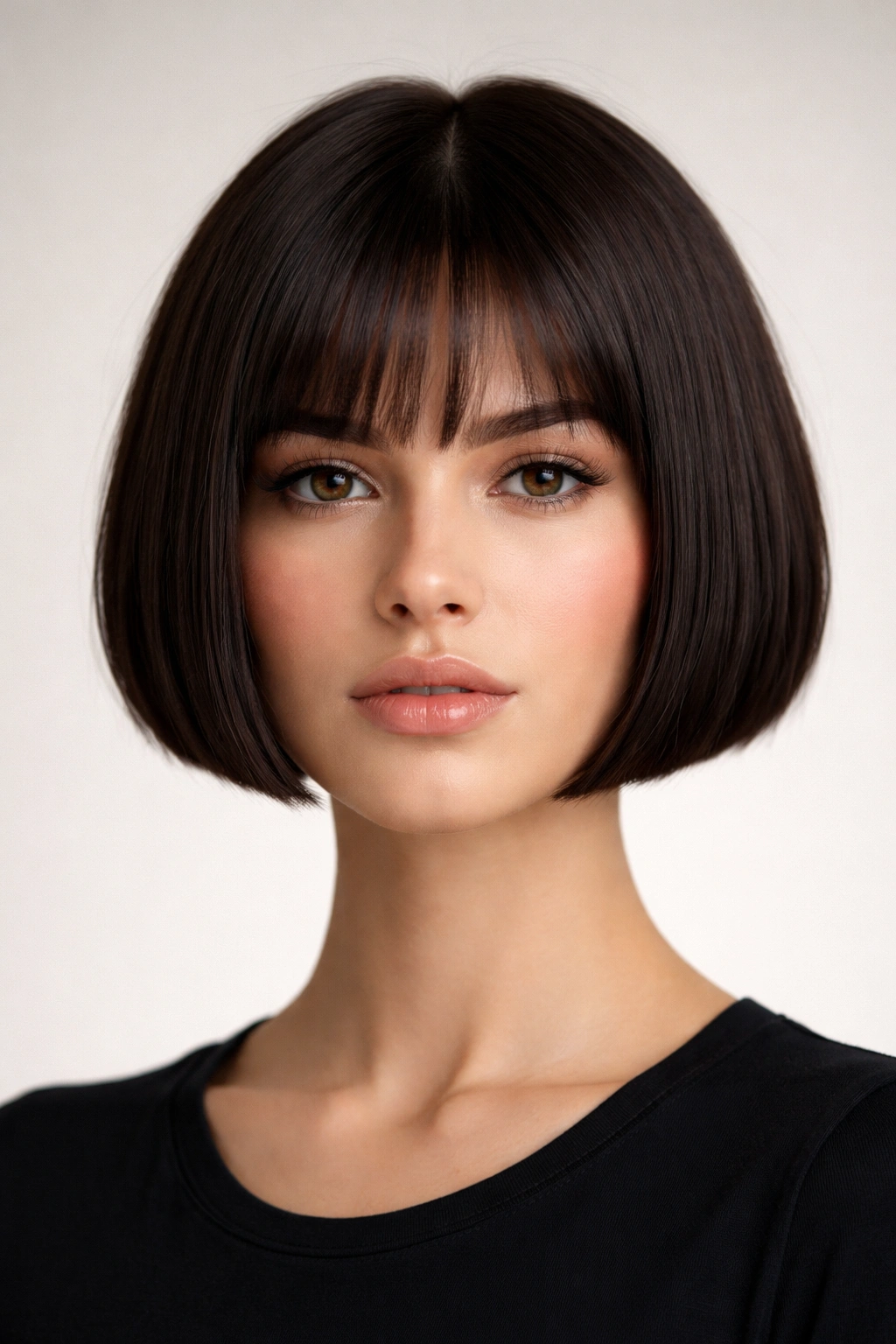 Front-facing portrait of a chin-length ultra-short cropped bob highlighting geometric shape