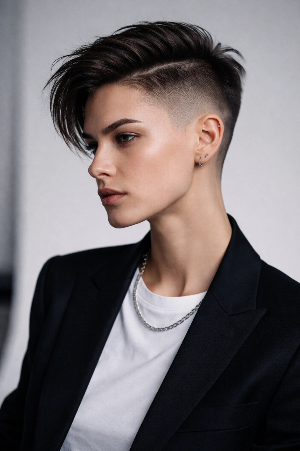 Portrait of an androgynous undercut with a long top and sharp shaved sides