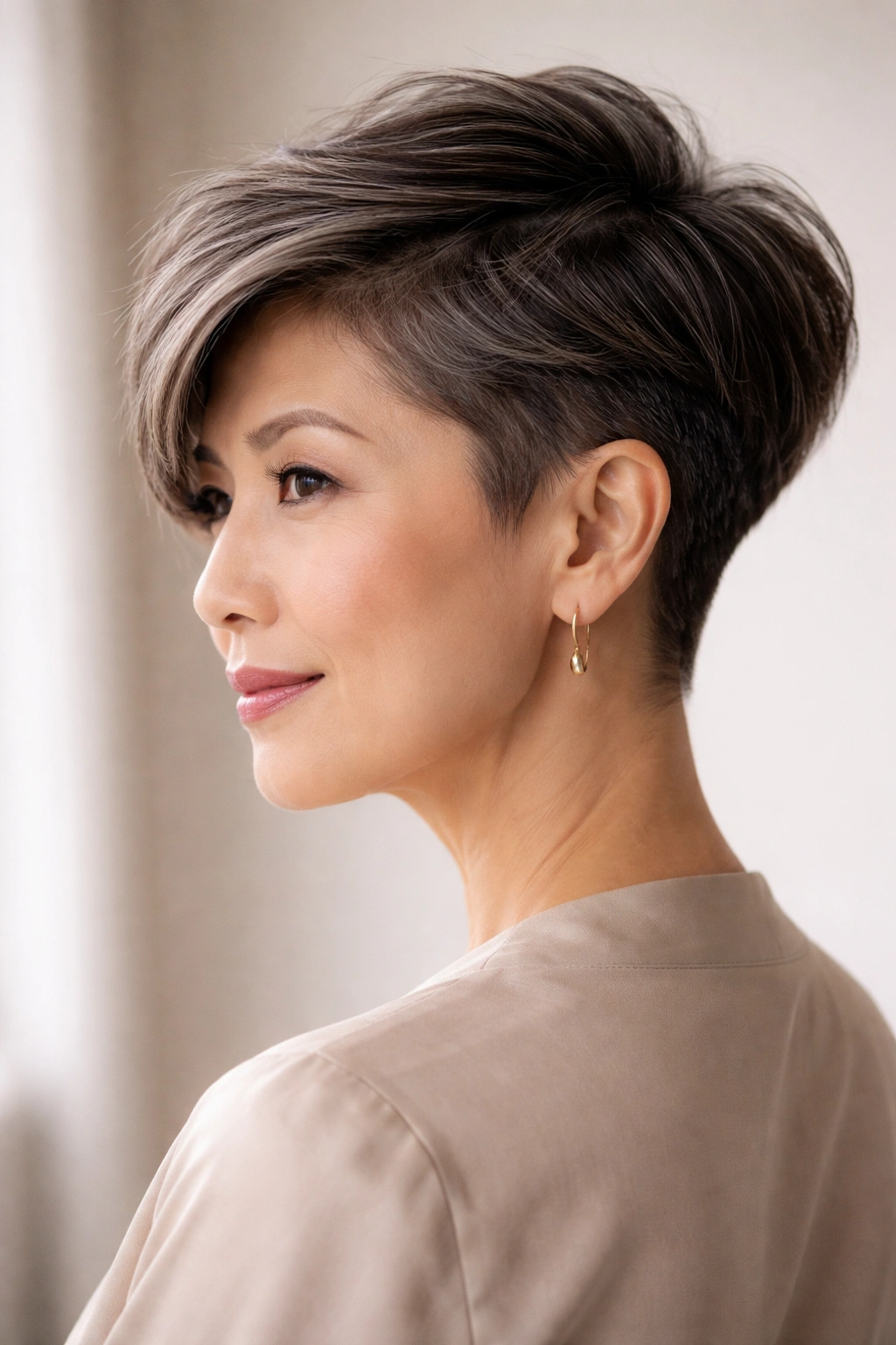 Profile view of an Asian woman over 50 with an angular undercut