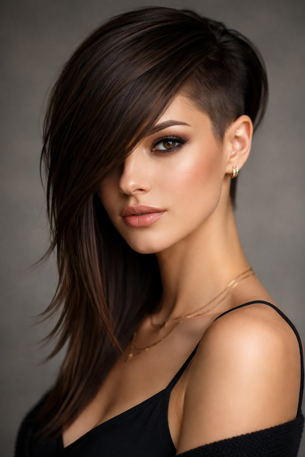 Sleek undercut with long side swept bangs showing contrast