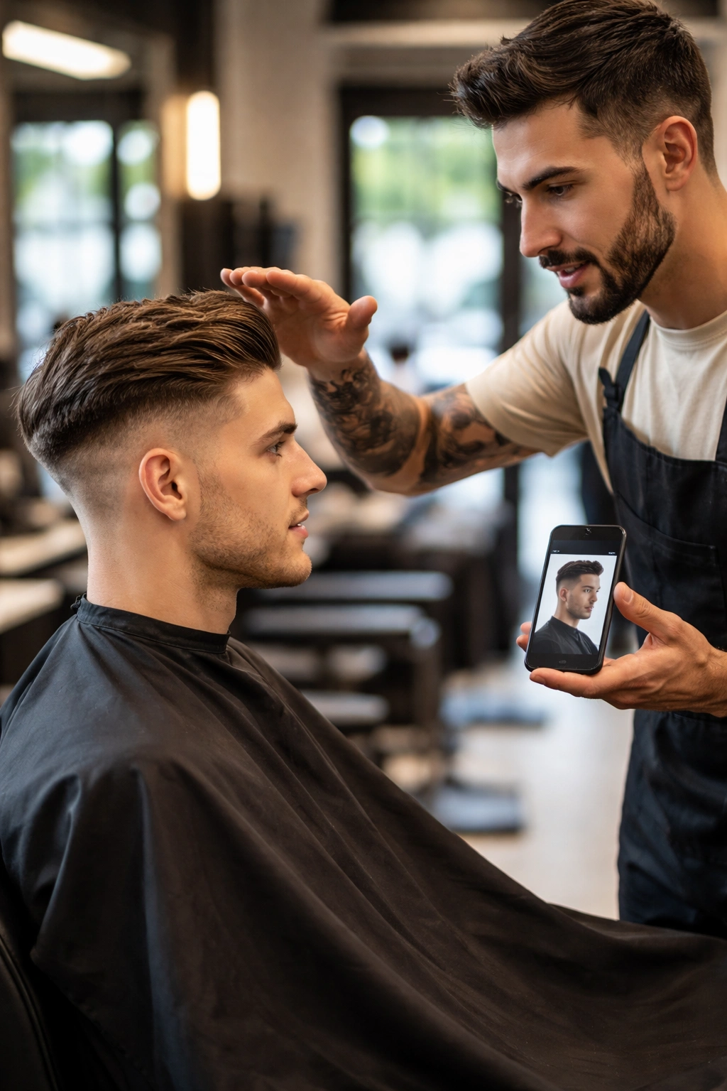 Side profile of a customer in a barber chair during a consultation