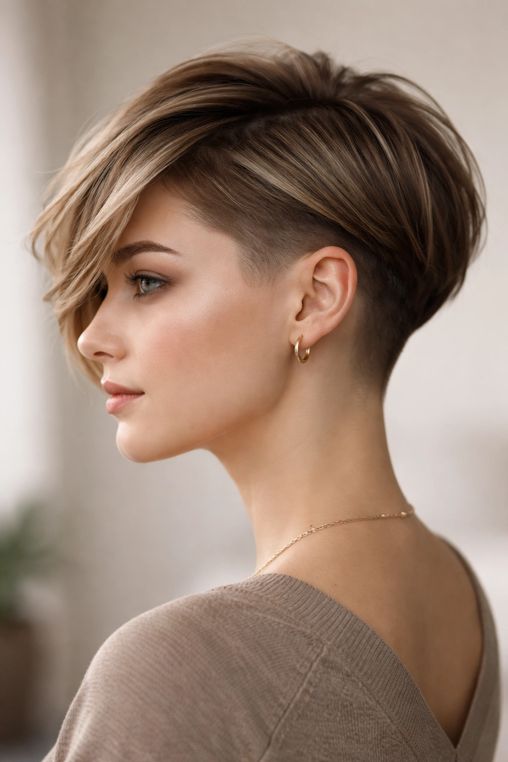 Portrait of a person with an Undercut Bob showing a clean underside fade and longer textured top