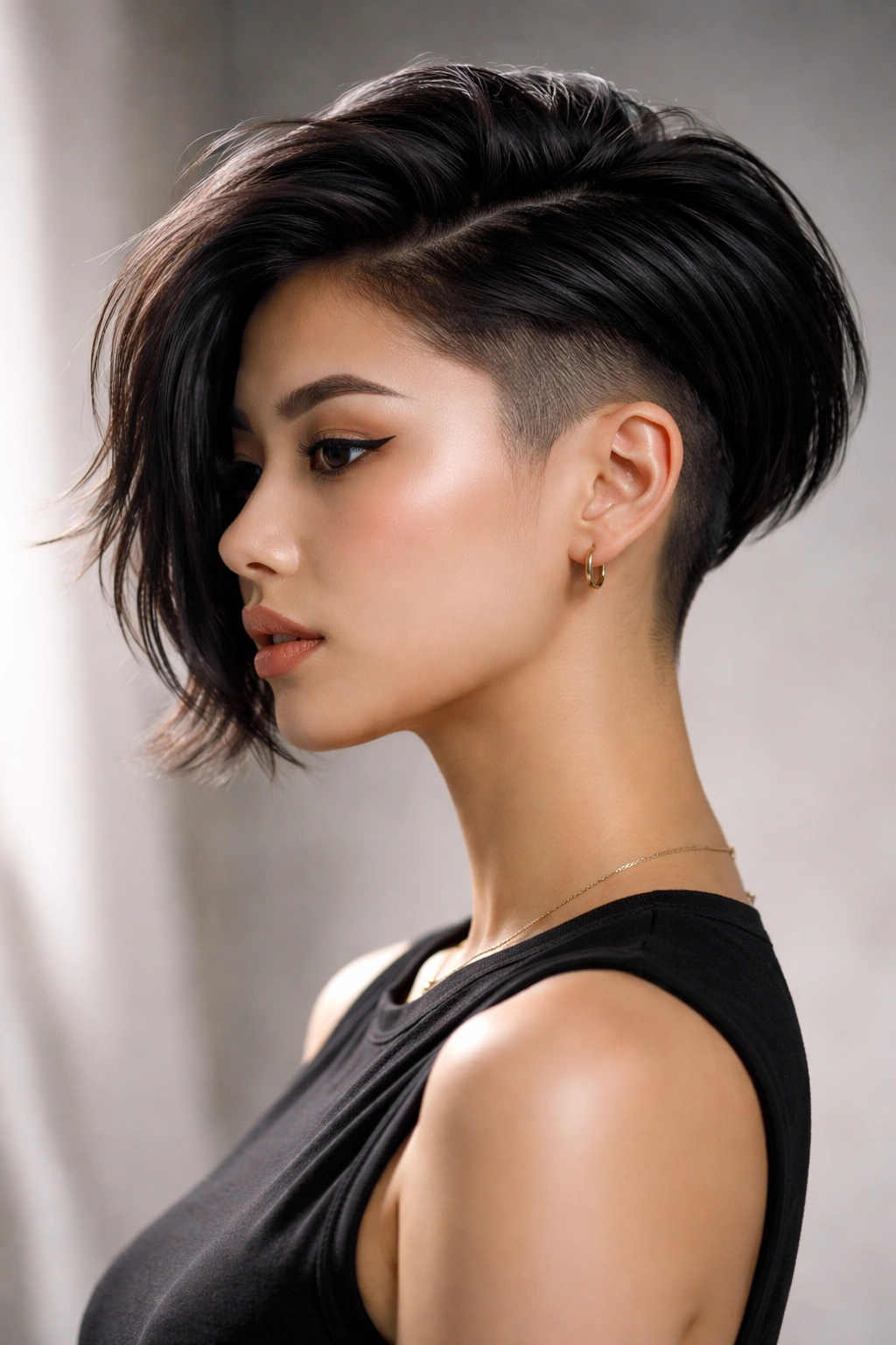 Asian woman with undercut bob, top length longer and sides shaved to reveal contrast