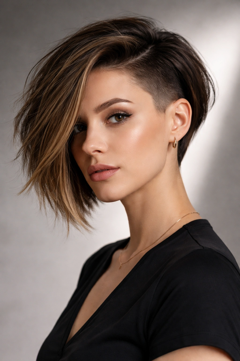 Portrait of an asymmetrical bob with undercut visible on the shorter side.