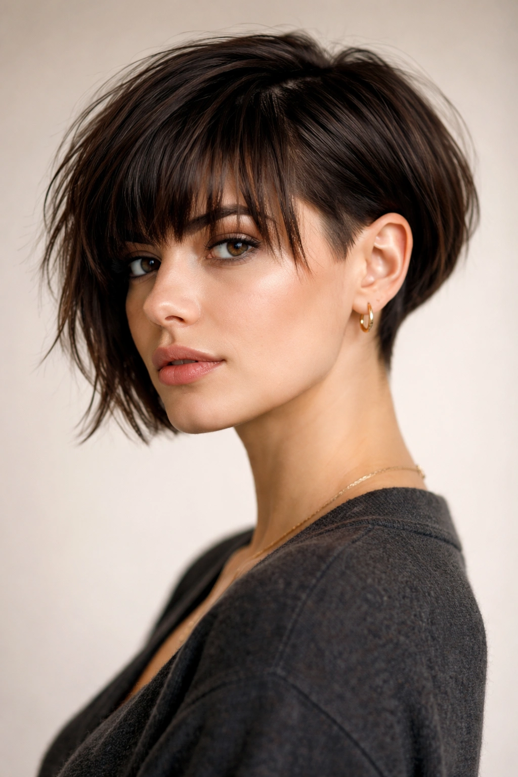 15 Medium Short Haircuts With Bangs That Flatter 11 Three-quarter view of undercut bob with choppy bangs showing contrast between shaved undercut and textured top.