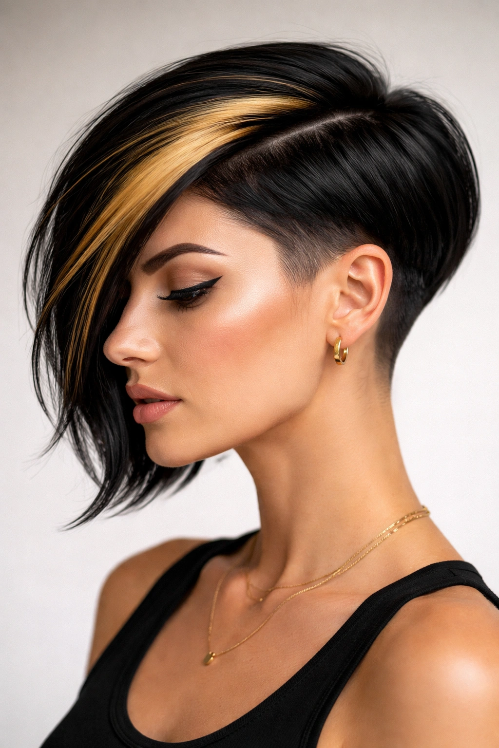 Undercut bob with black base and gold streak in studio lighting