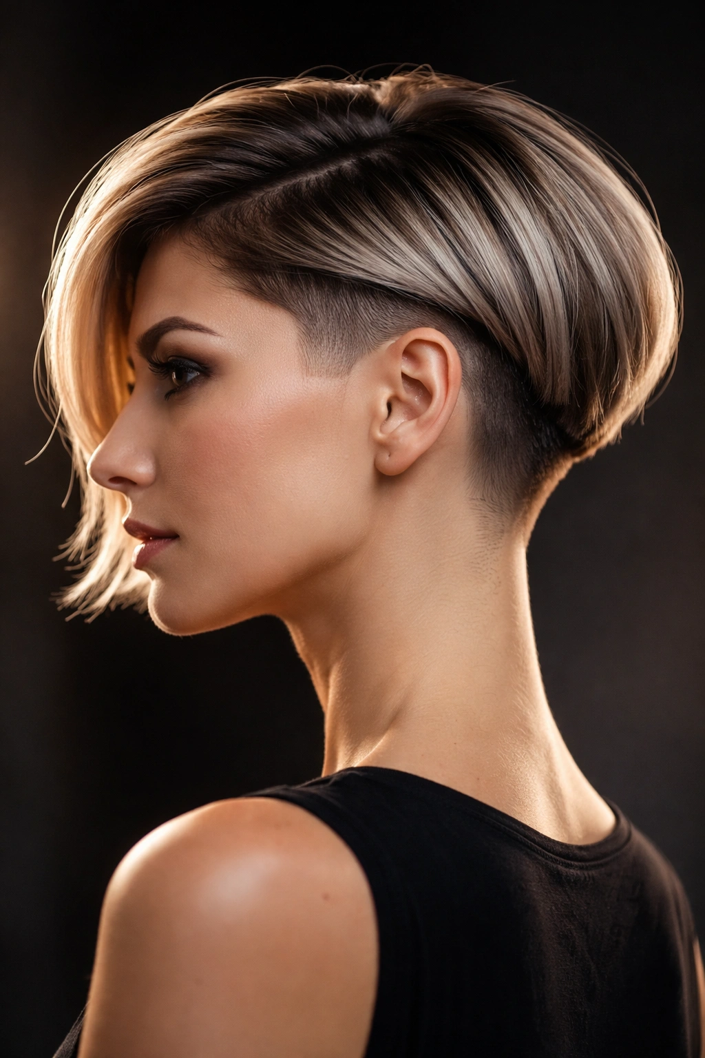 Side profile of disconnected undercut bob with top longer section