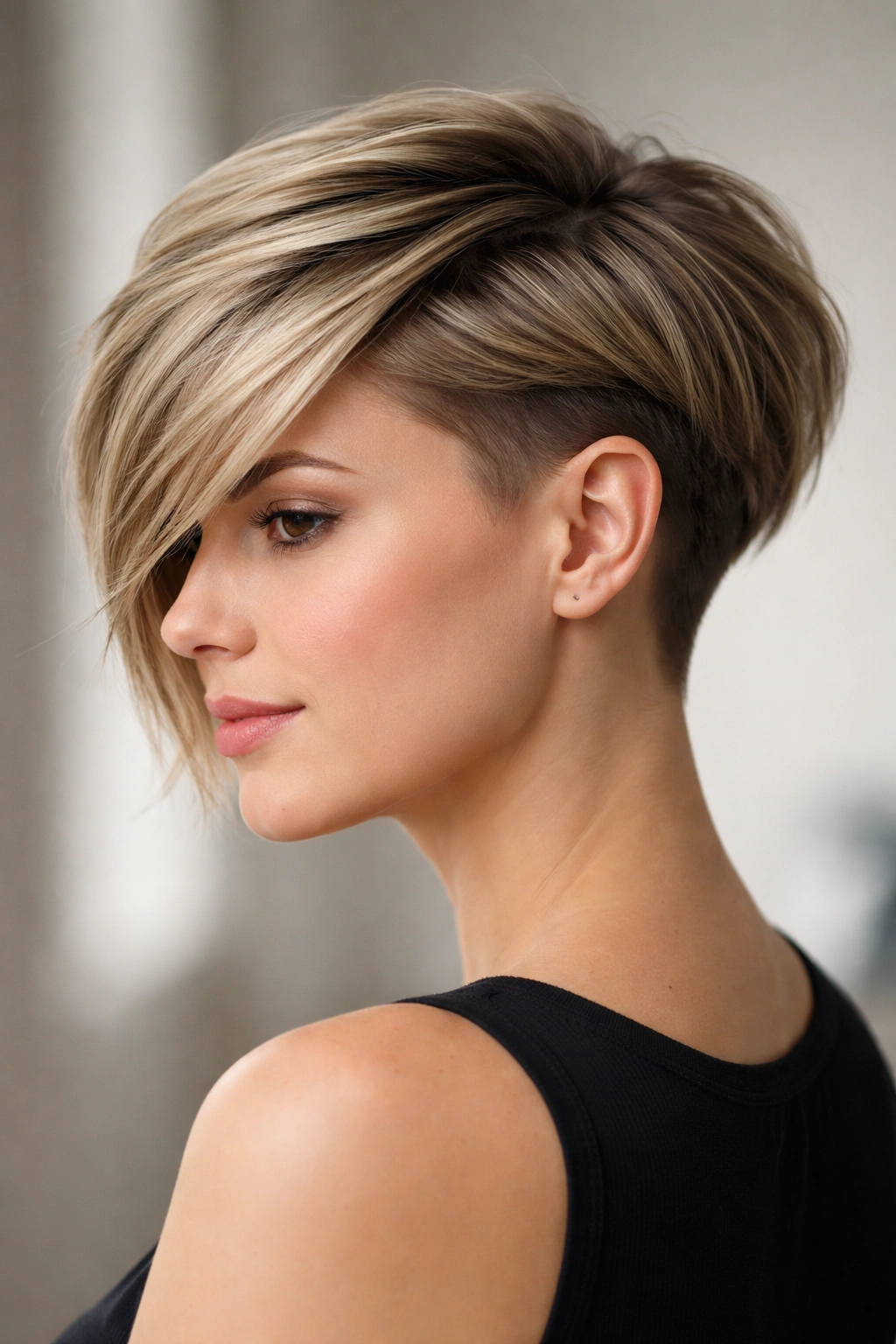 Disconnected undercut bob hairstyle with longer top and hidden undercut