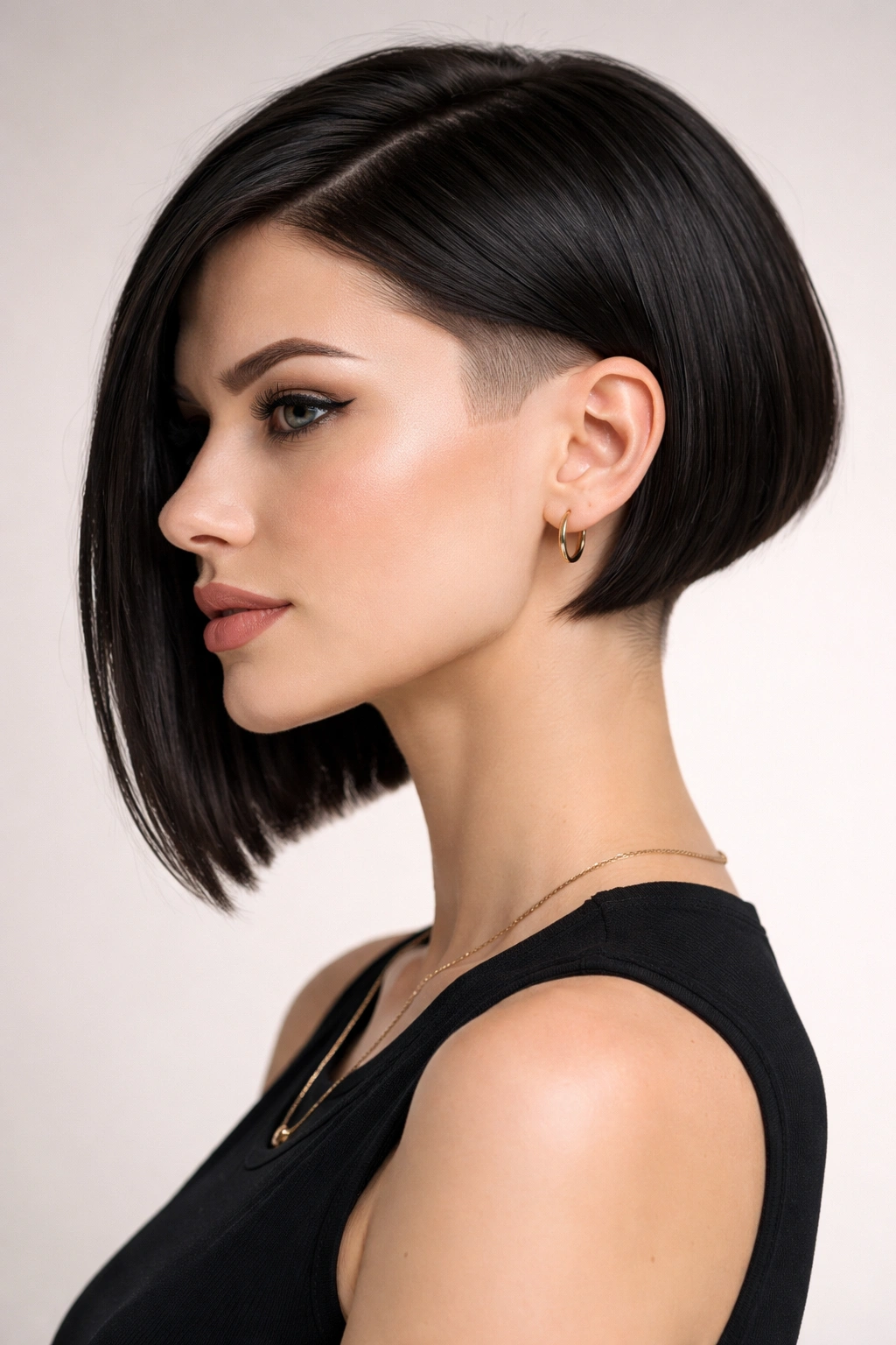 Portrait of a person with a disconnected undercut bob showing top length and shaved sides