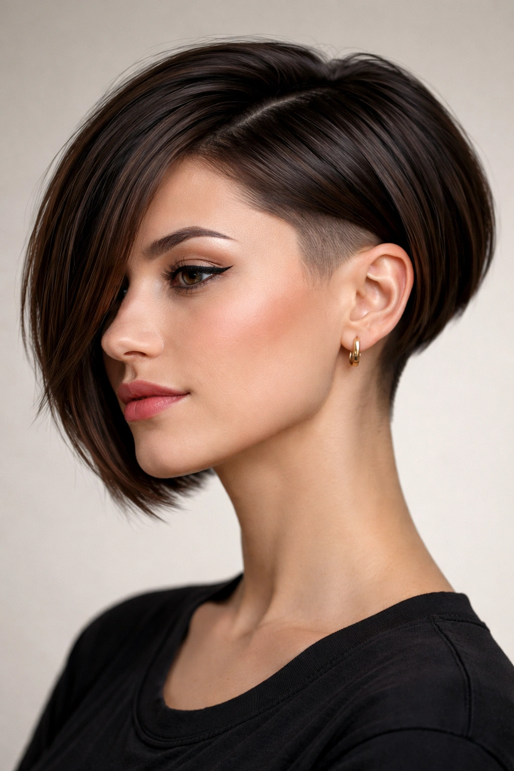 Portrait of a bob with an undercut showing long top and shaved sides