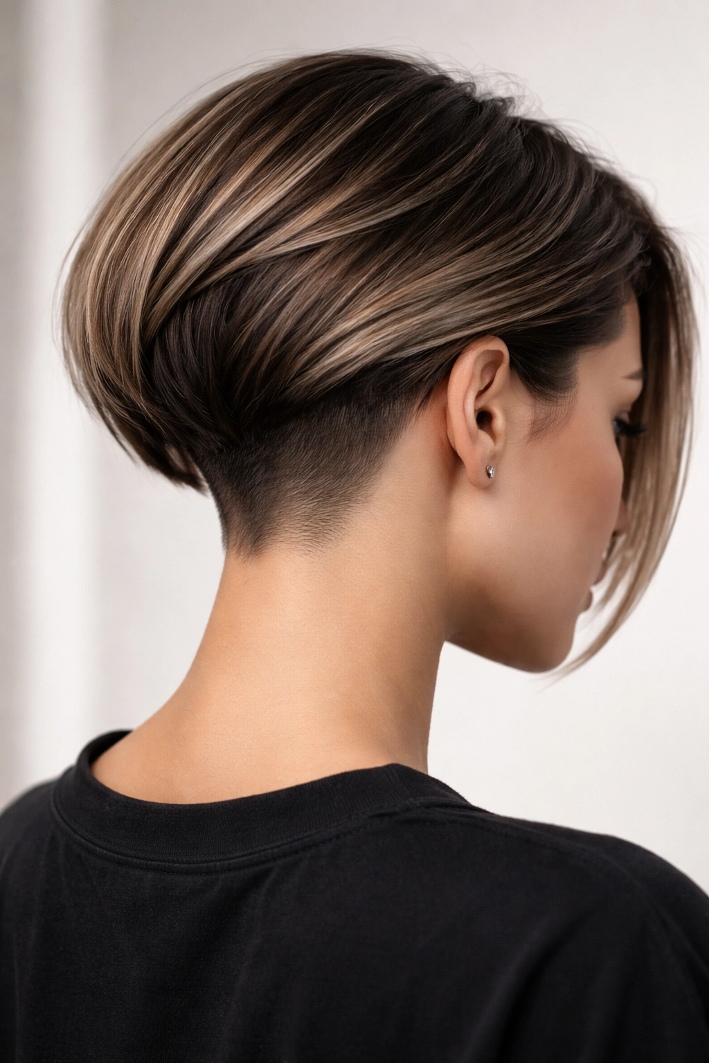 Close-up of an undercut bob showing a hidden undercut beneath a longer top layer with neutral studio lighting