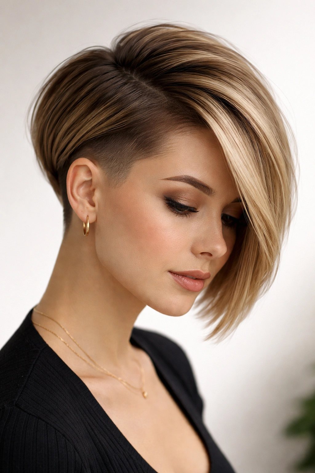 Disconnected undercut bob showing contrast between short sides and longer top