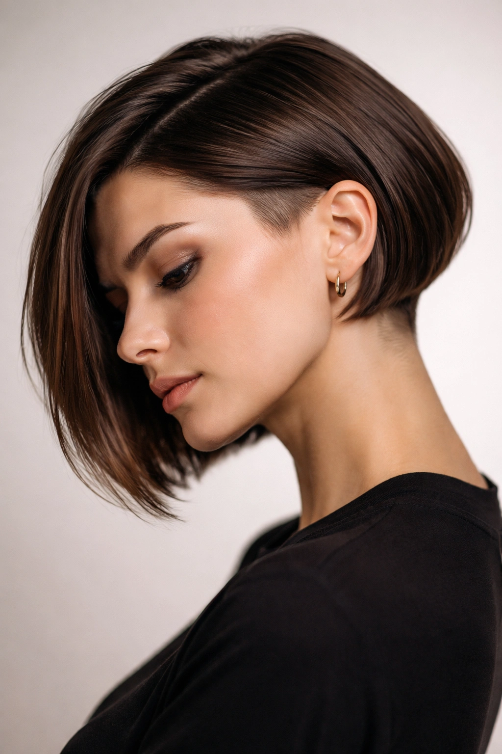 Close-up of a woman with an undercut bob showing the shaved underside and long top