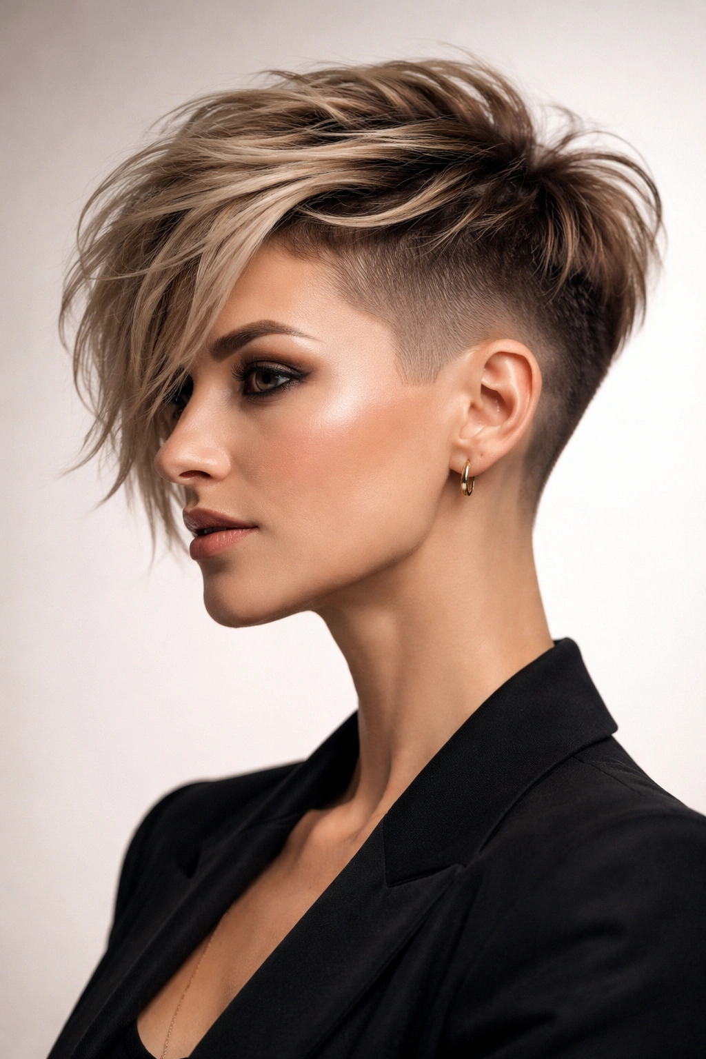 Undercut bob hairstyle with shaved sides and textured top.