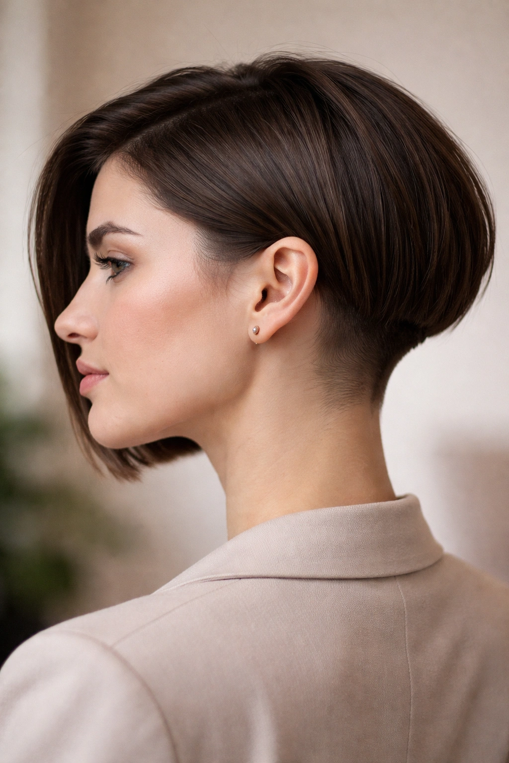 Undercut bob with visible fade and top tucked behind ear