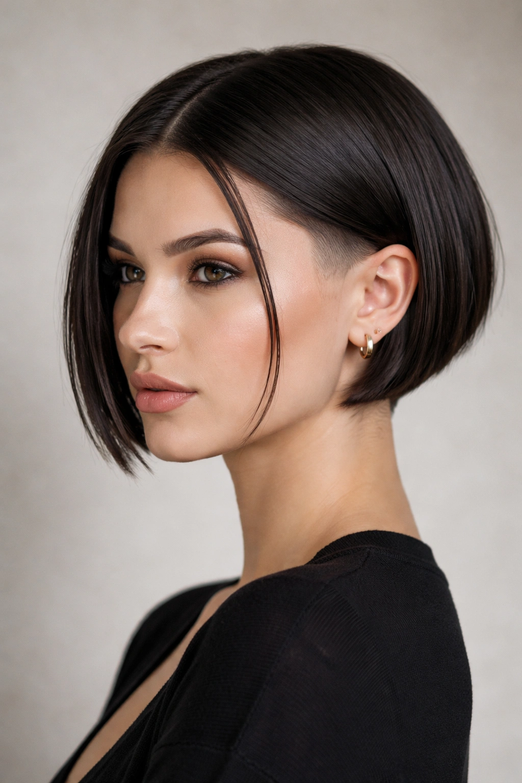 Undercut bob with middle part showing long top and shaved sides in a studio portrait