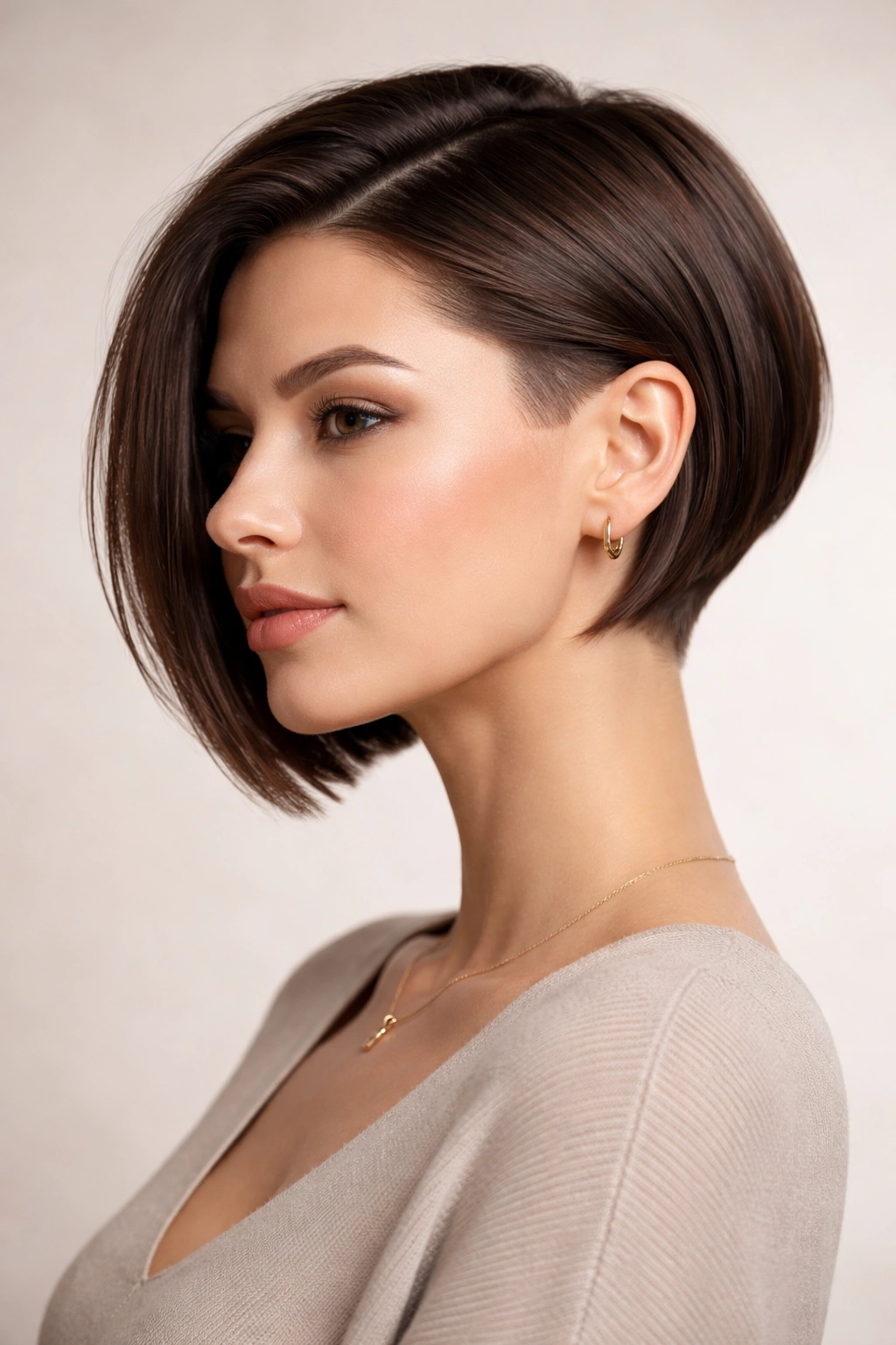 Close-up of a chin-length sleek undercut bob with a hidden undercut