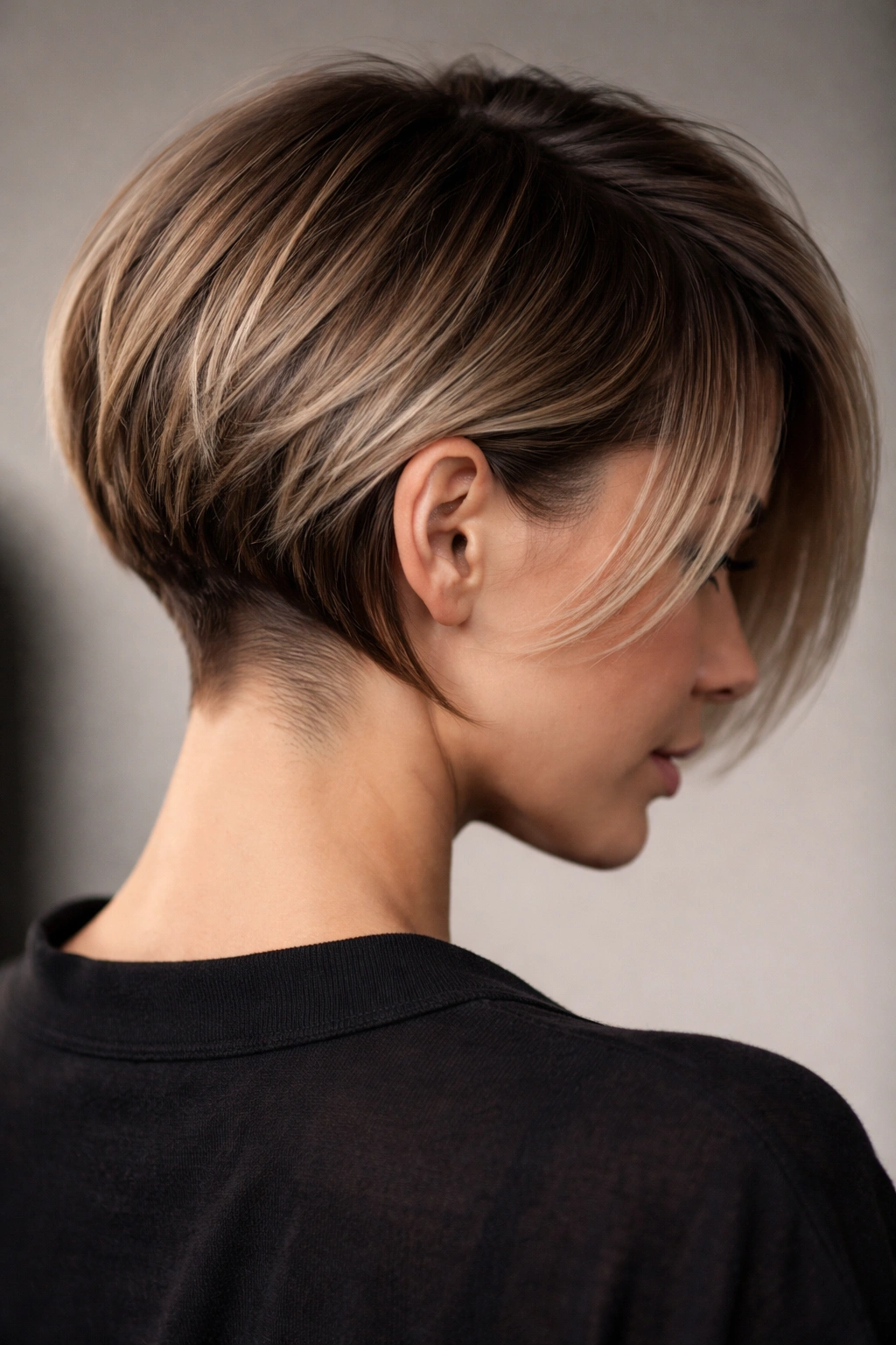 Undercut bob showing top layers and a hidden underneath due to short undercut.