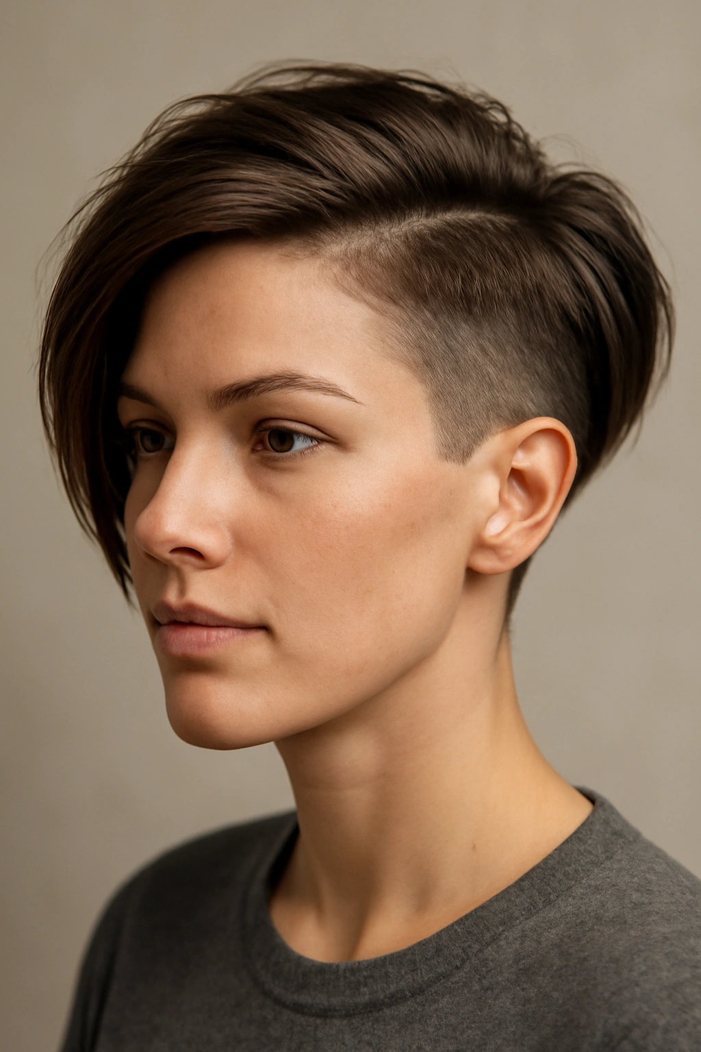 Close-up of a person with an undercut bob showing long top and short sides