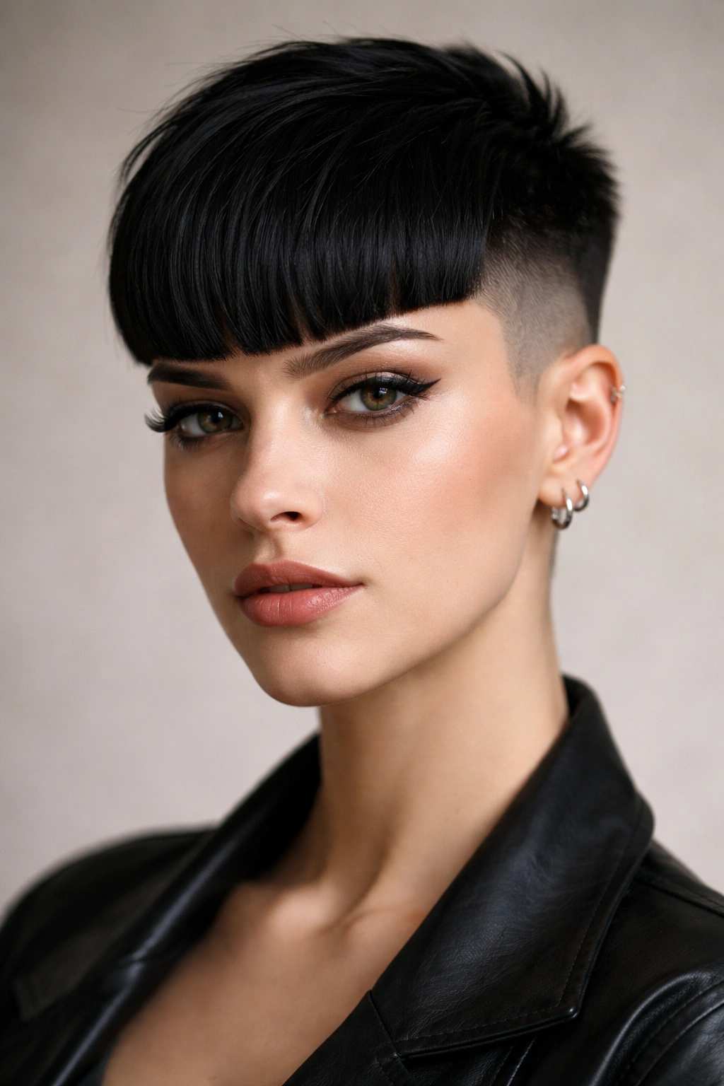 10 Short Haircuts With Thick Blunt Bangs To Try 7 Undercut with bold bangs hairstyle on a model with shaved sides and a voluminous top