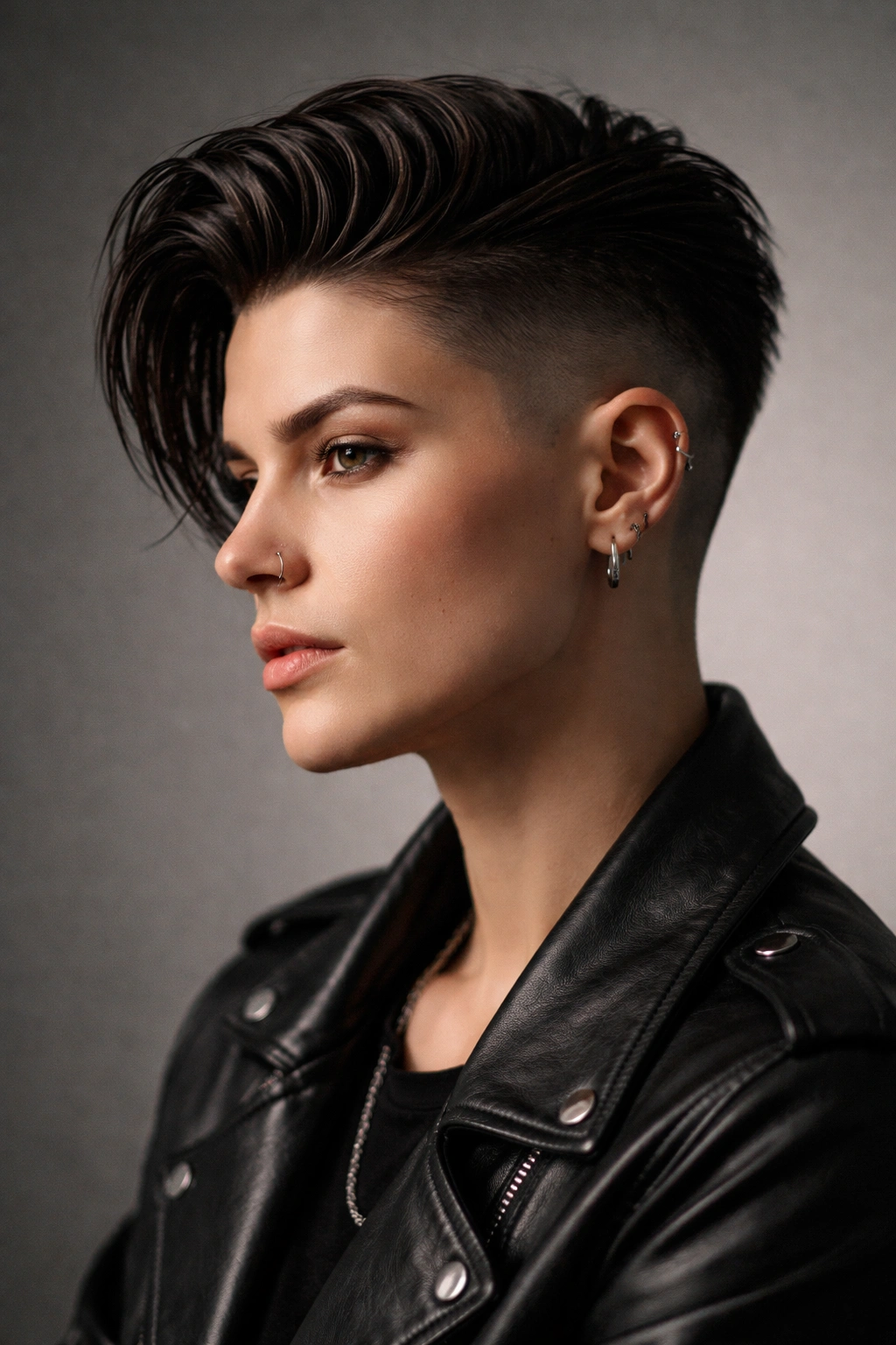 Close-up portrait of a person with a sharp undercut featuring long top and very short sides.
