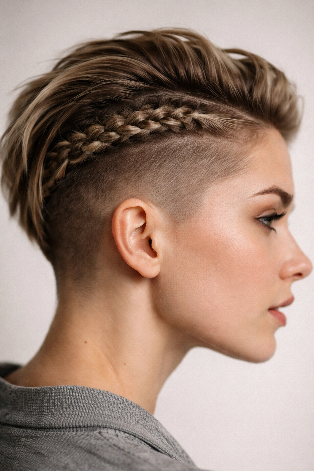 10 Viking Inspired Braids That Work Well On Short Hair 5 Close-up of a tight braid above an undercut on short hair