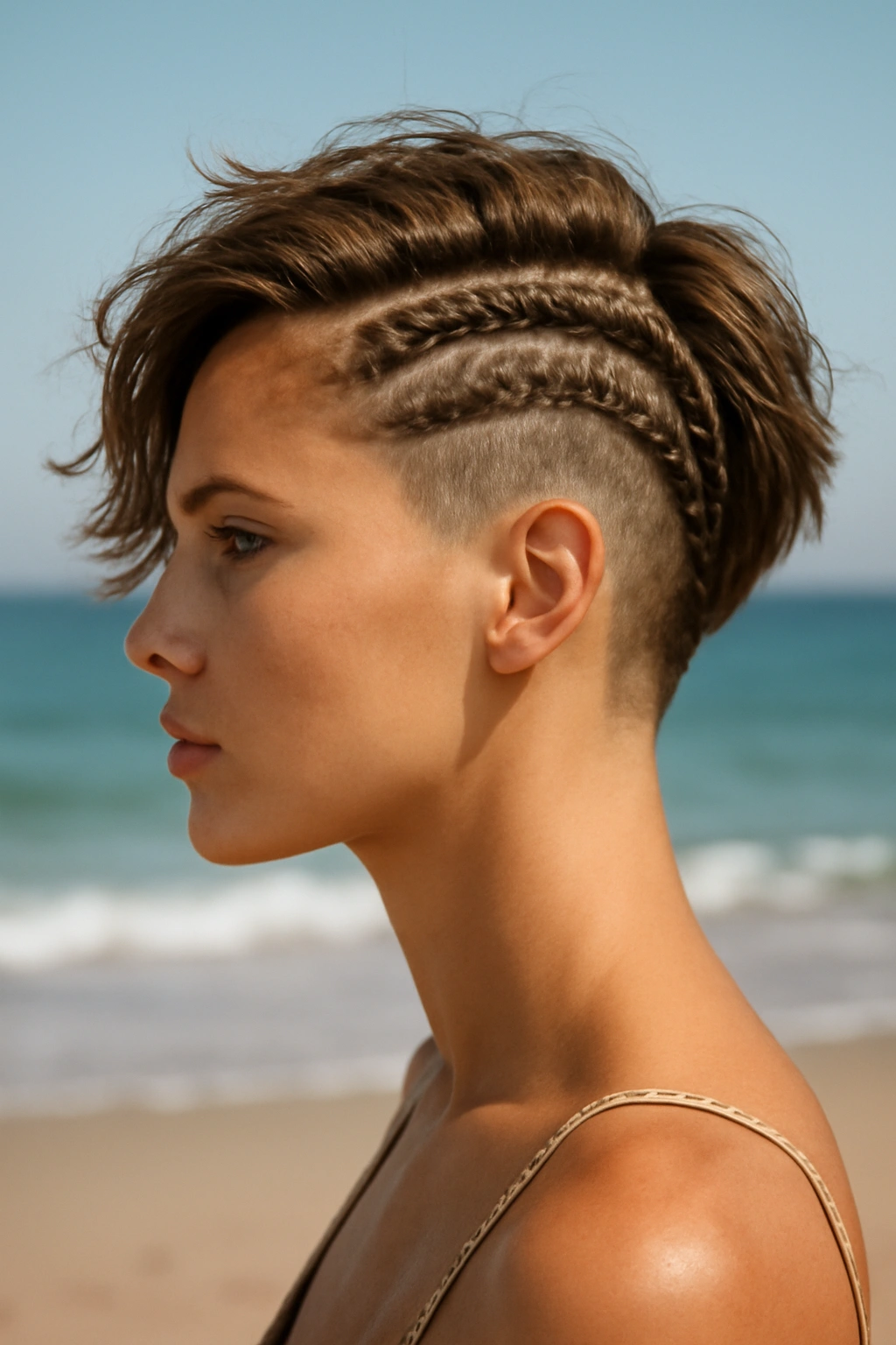 10 Beach Vacation Hairstyles for Short-Haired Women 6 Undercut with decorative braids on top short hair at the beach