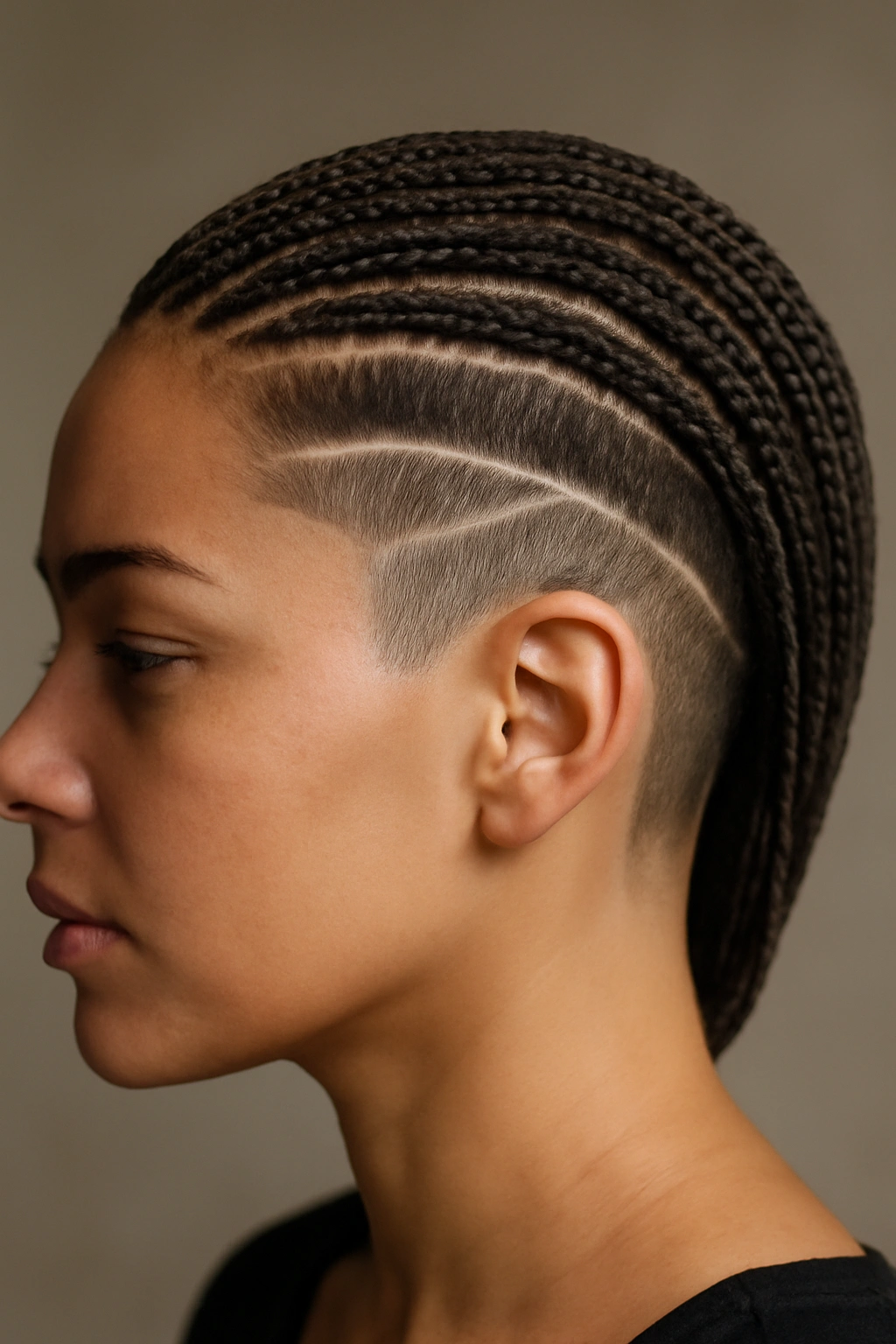 15 Micro Braid Styles for Short, Medium, or Long Hair 13 Close-up of shaved undercut with geometric lines and micro braids on scalp