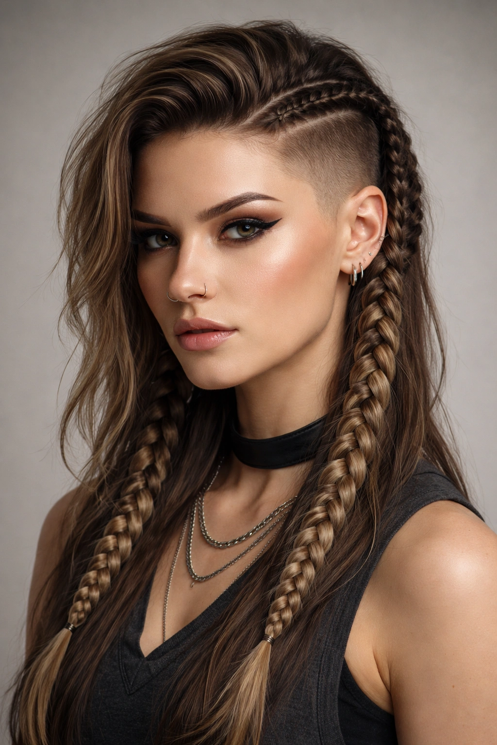 Close-up of a shaved undercut with braided sides and Viking braids