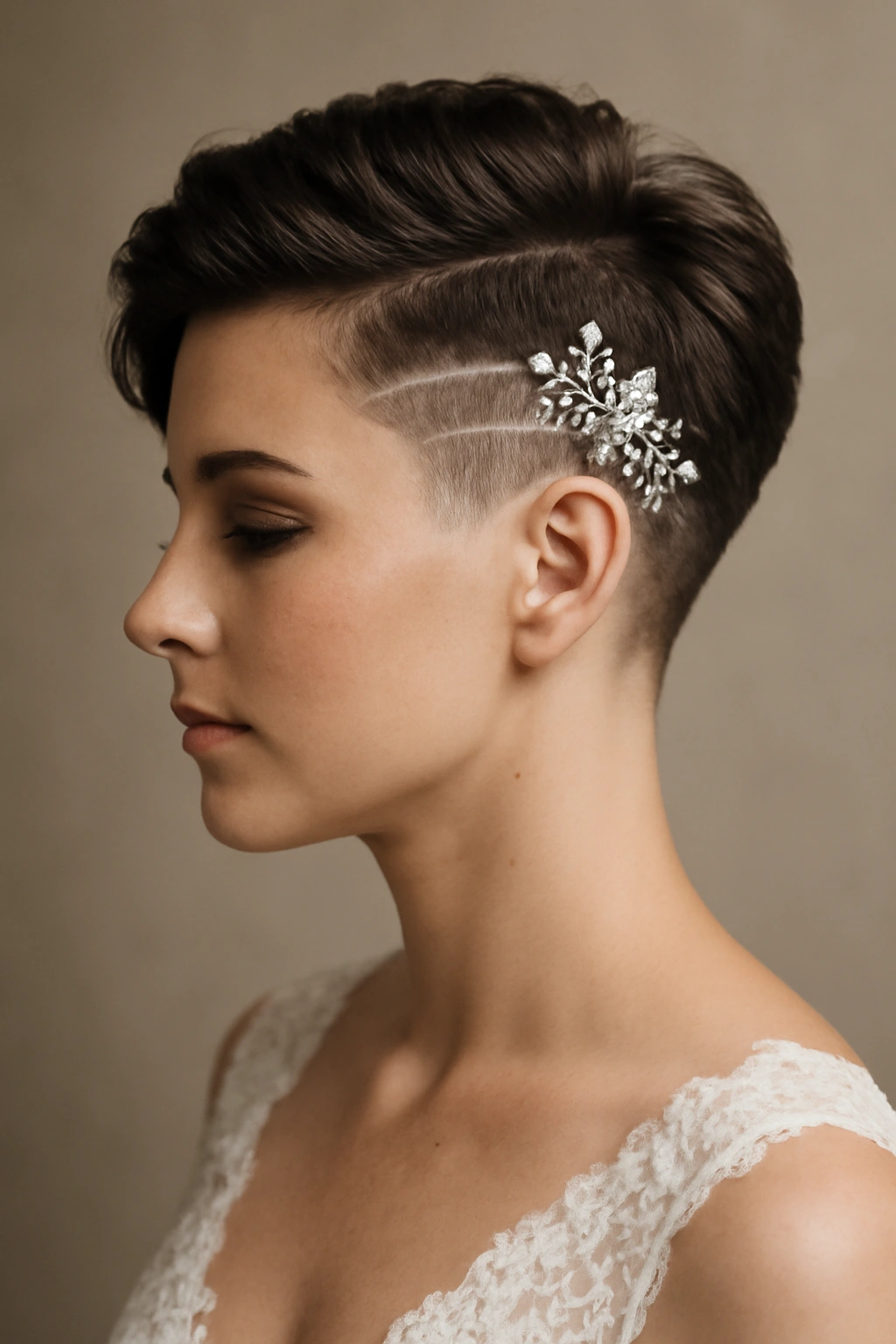 10 Simple Wedding Hairstyles for Short Hair Brides 10 Bride with modern undercut and decorative pin on top.
