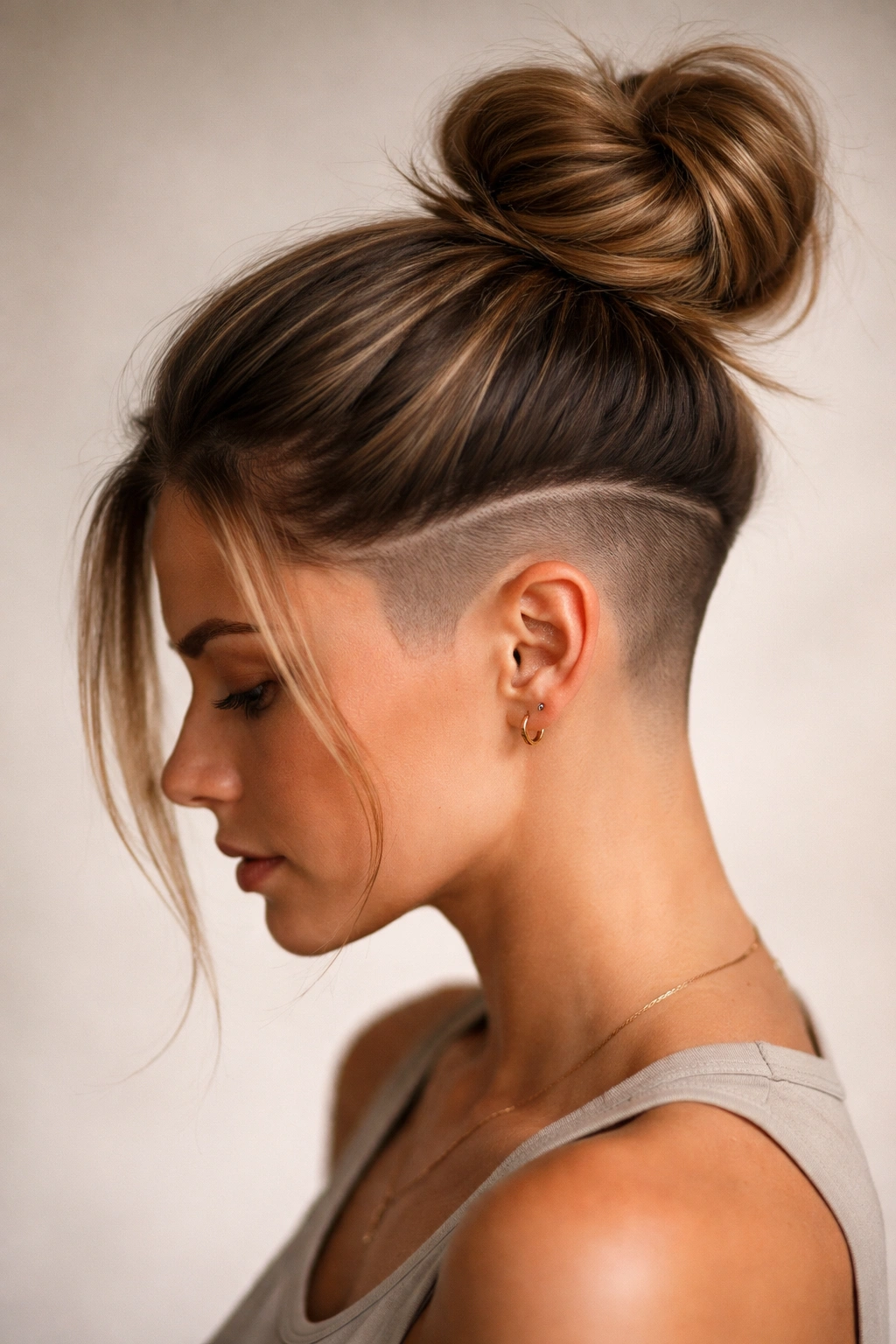 Profile of a model with a high bun and shaved undercut on the sides.