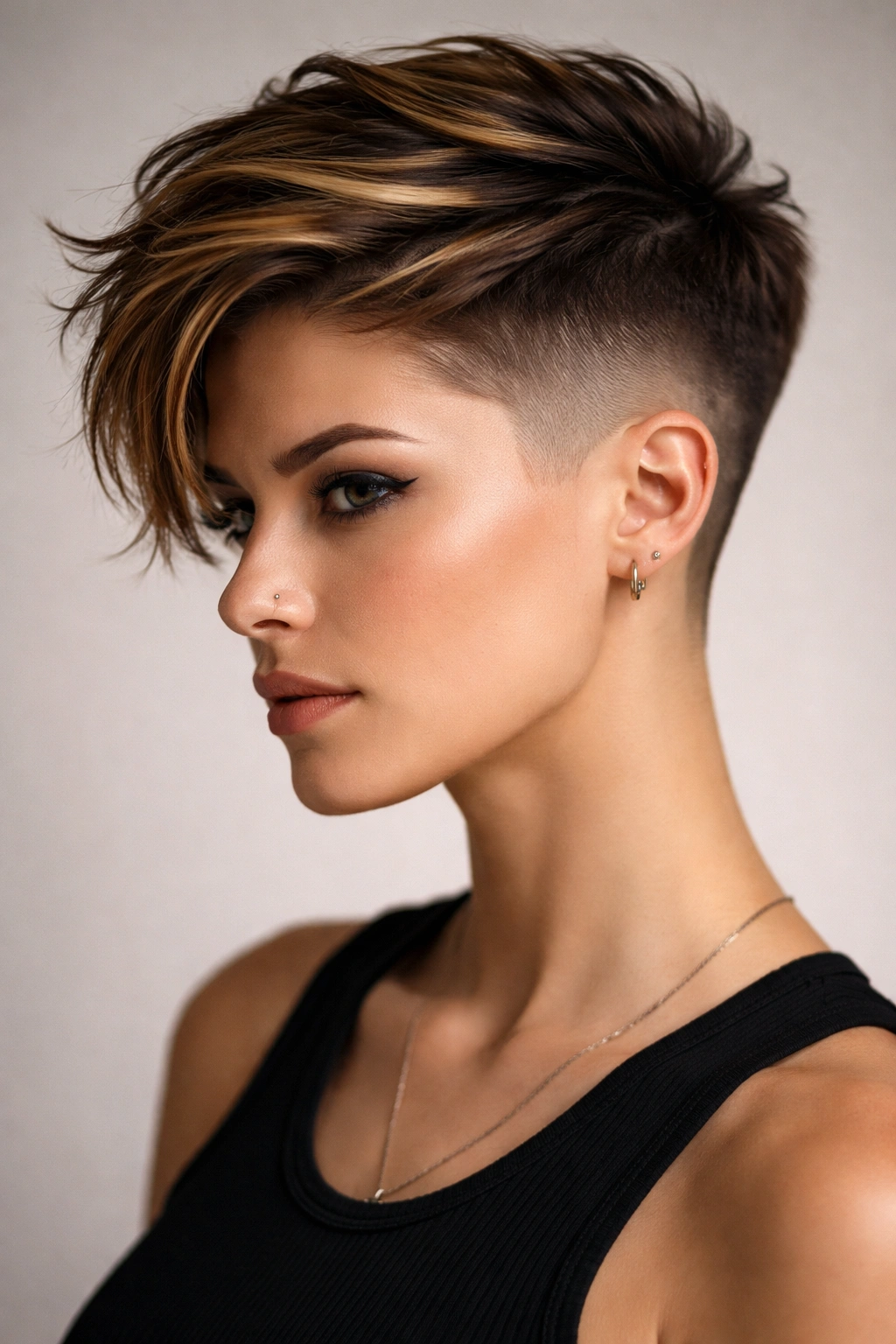 Undercut with caramel fade shown in a studio portrait highlighting the contrast between short sides and caramel-highlighted top