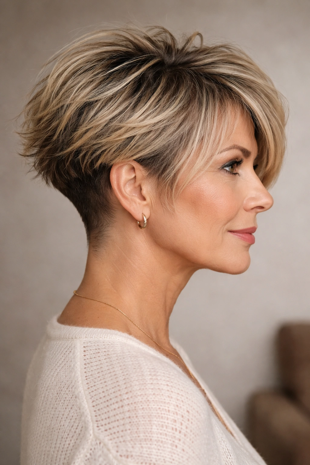 12 Chin Length Hairstyles For Women Over 50 4 Undercut visible with choppy layers and chin-length pieces.