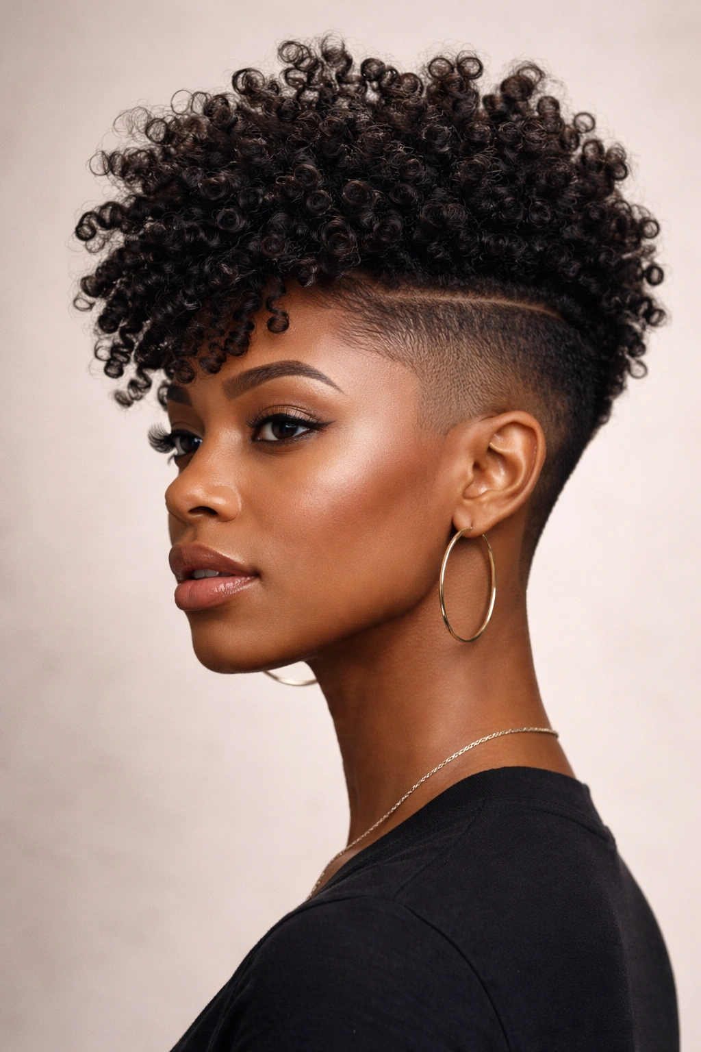 Close-up portrait showing bold undercut with long natural coils on top