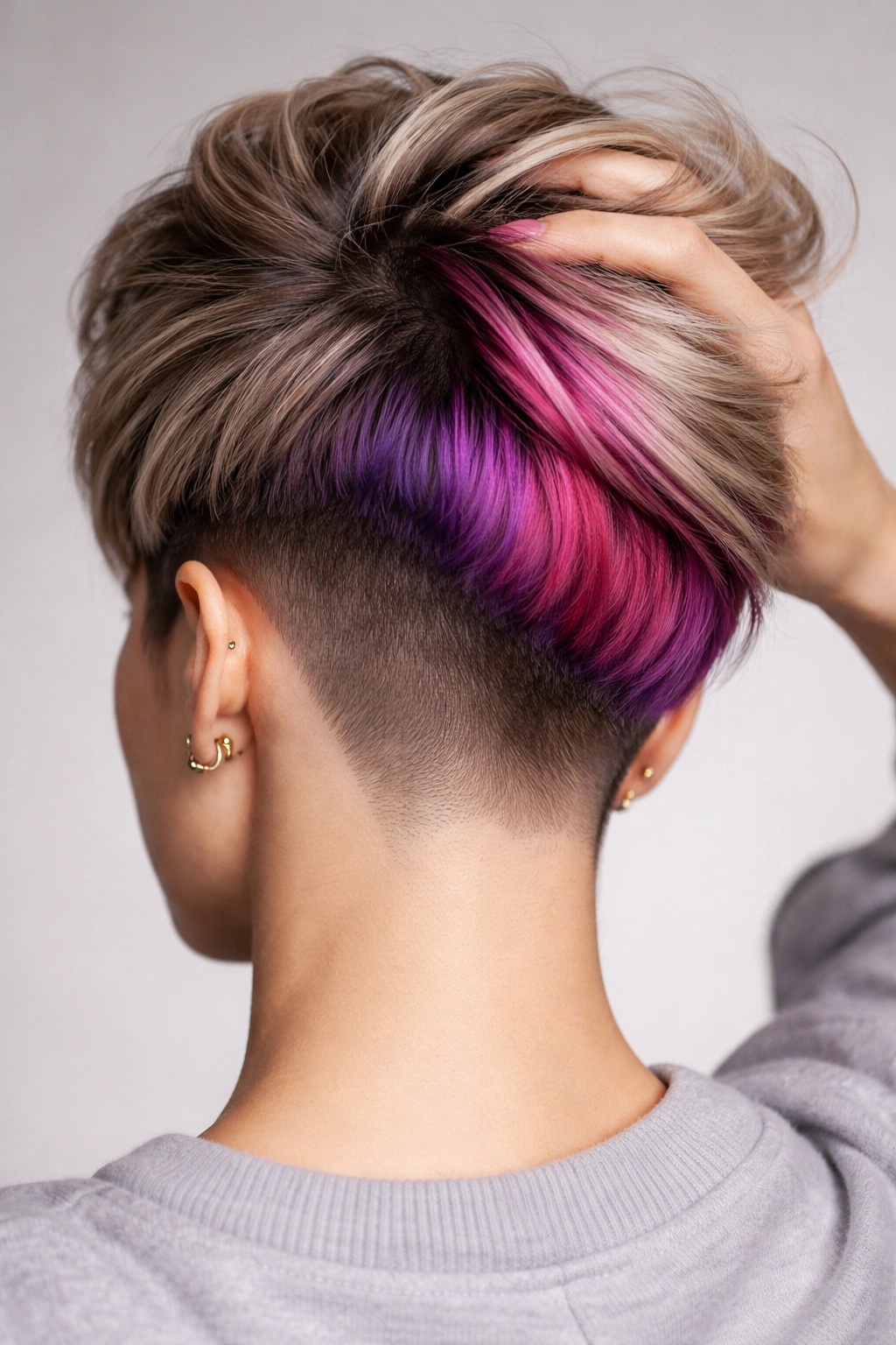 Close-up of undercut colored underlayer peeking through hair.