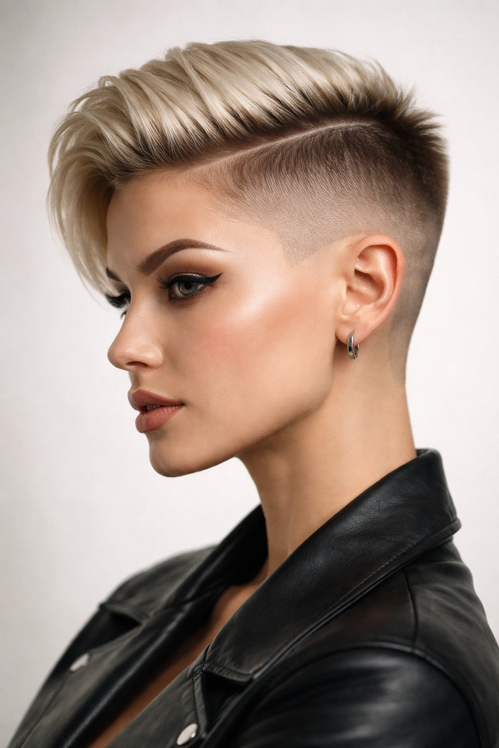 Close-up portrait of a woman with a sharp undercut and connected top line in studio lighting