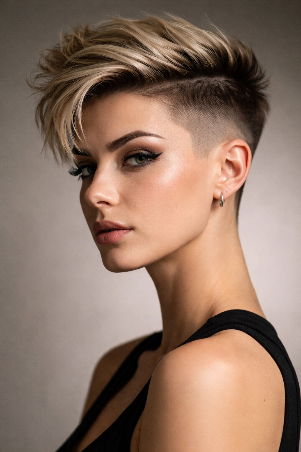 Close-up portrait of a person with a high-contrast undercut featuring shaved sides and a longer textured top