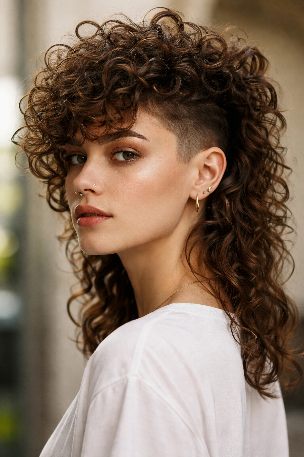 12 Curly Mullet Cuts With Serious Texture And Body 10 Headshot of an undercut curl mullet showing top curls and a visible shaved undercut at the nape.