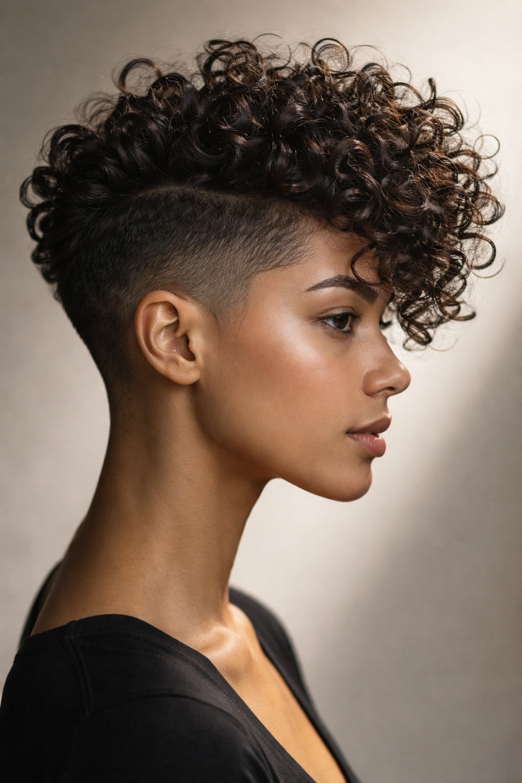 10 Short Curly Pixie Cuts For Natural Texture 4 Side profile of an undercut curl pop pixie with long top curls over shaved sides